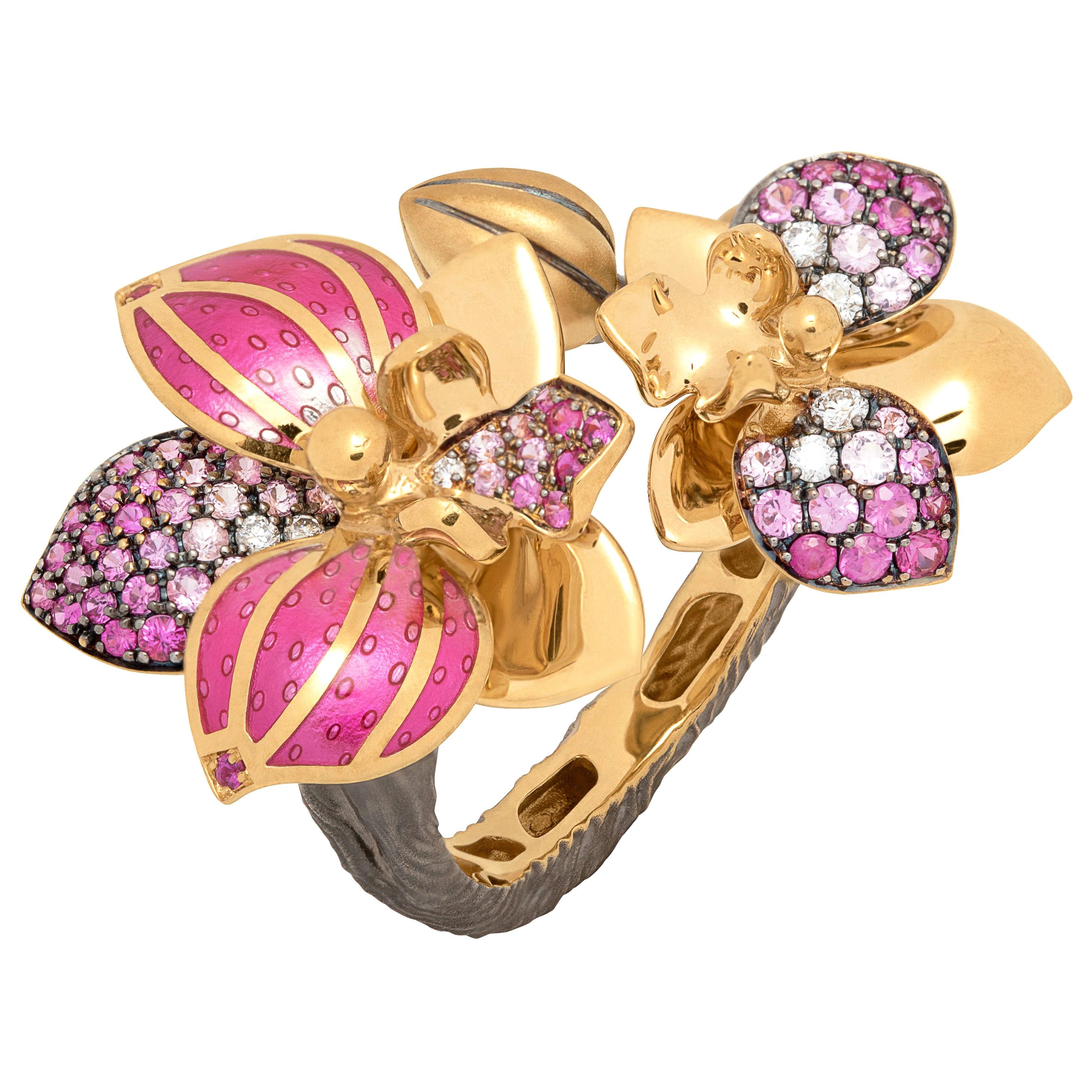 For Sale:  Pink Sapphires Diamonds 18 Karat Yellow Gold Enamel Orchid Ring