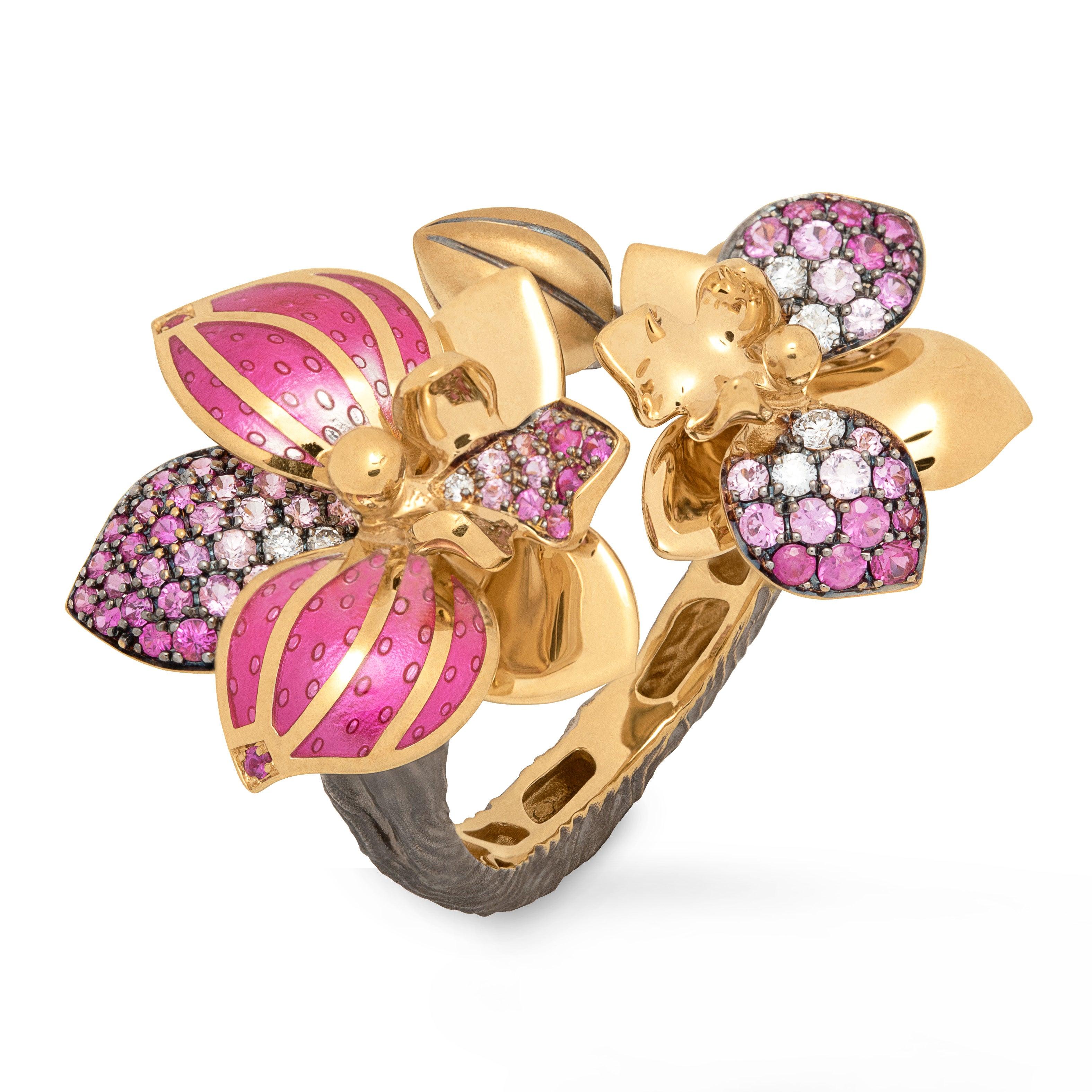 For Sale:  Pink Sapphires Diamonds 18 Karat Yellow Gold Enamel Orchid Suite 12