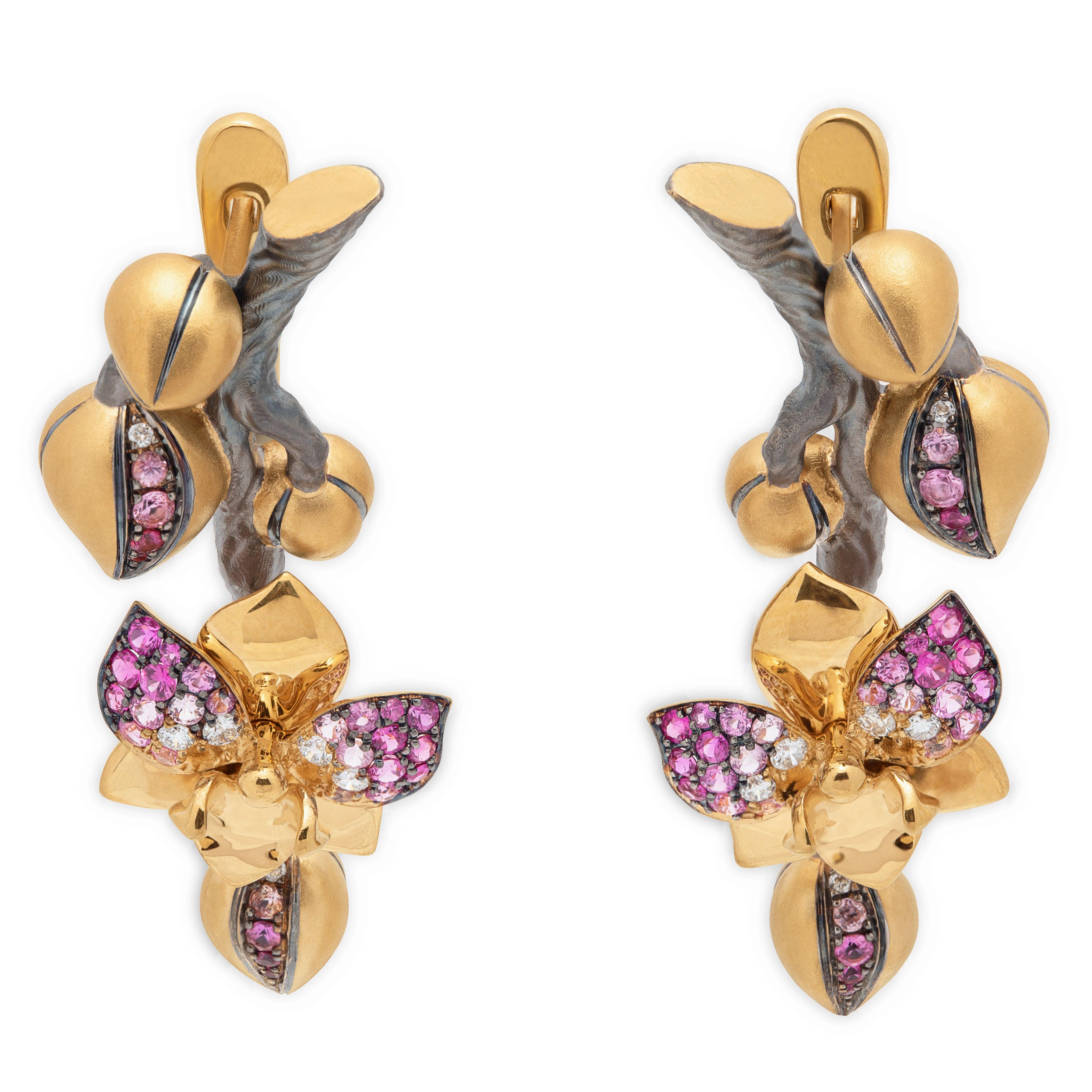 For Sale:  Pink Sapphires Diamonds 18 Karat Yellow Gold Enamel Orchid Suite 13