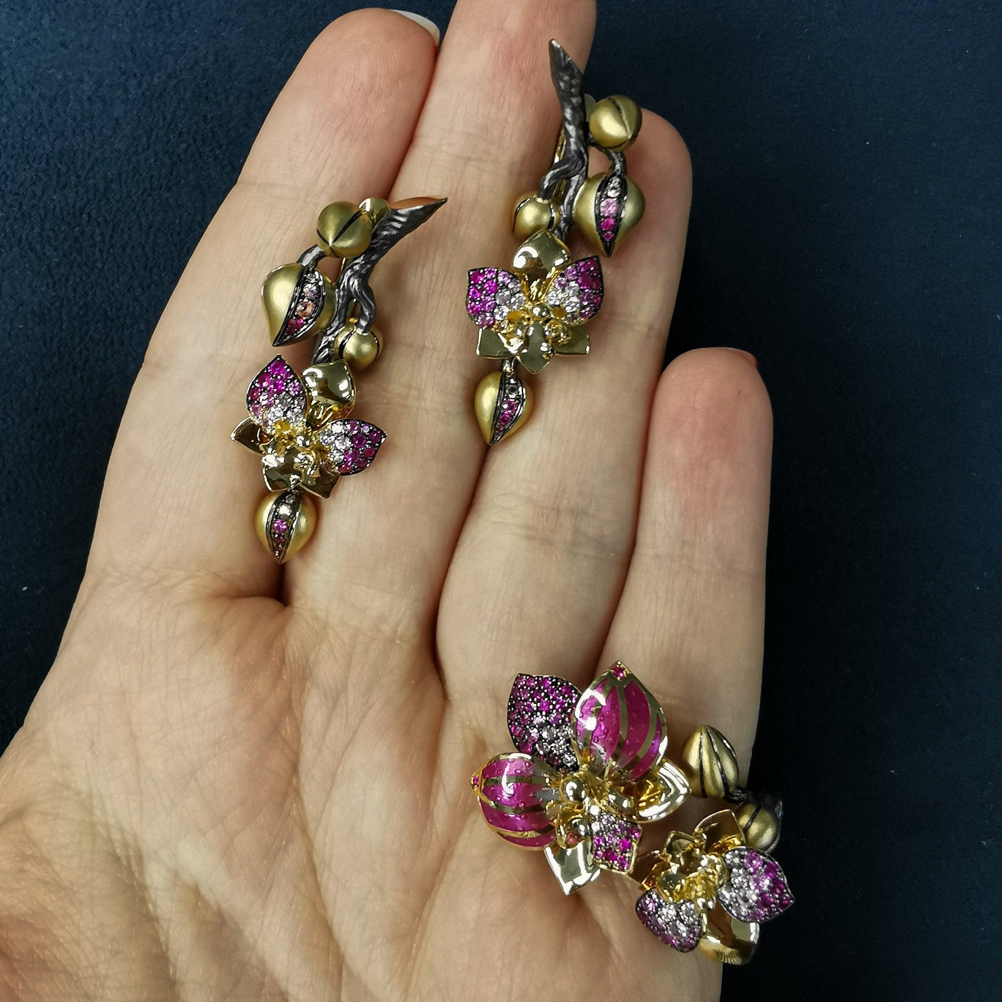 For Sale:  Pink Sapphires Diamonds 18 Karat Yellow Gold Enamel Orchid Suite 2