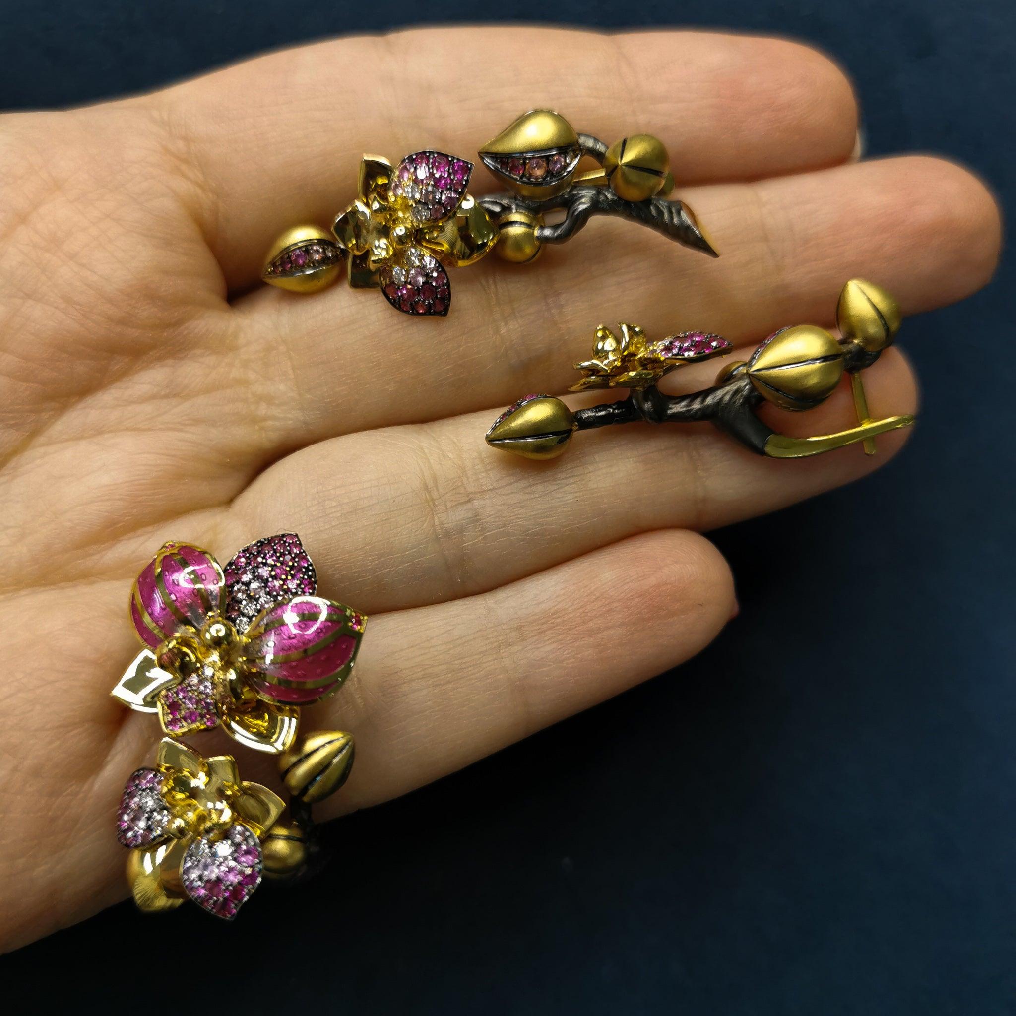 For Sale:  Pink Sapphires Diamonds 18 Karat Yellow Gold Enamel Orchid Suite 3