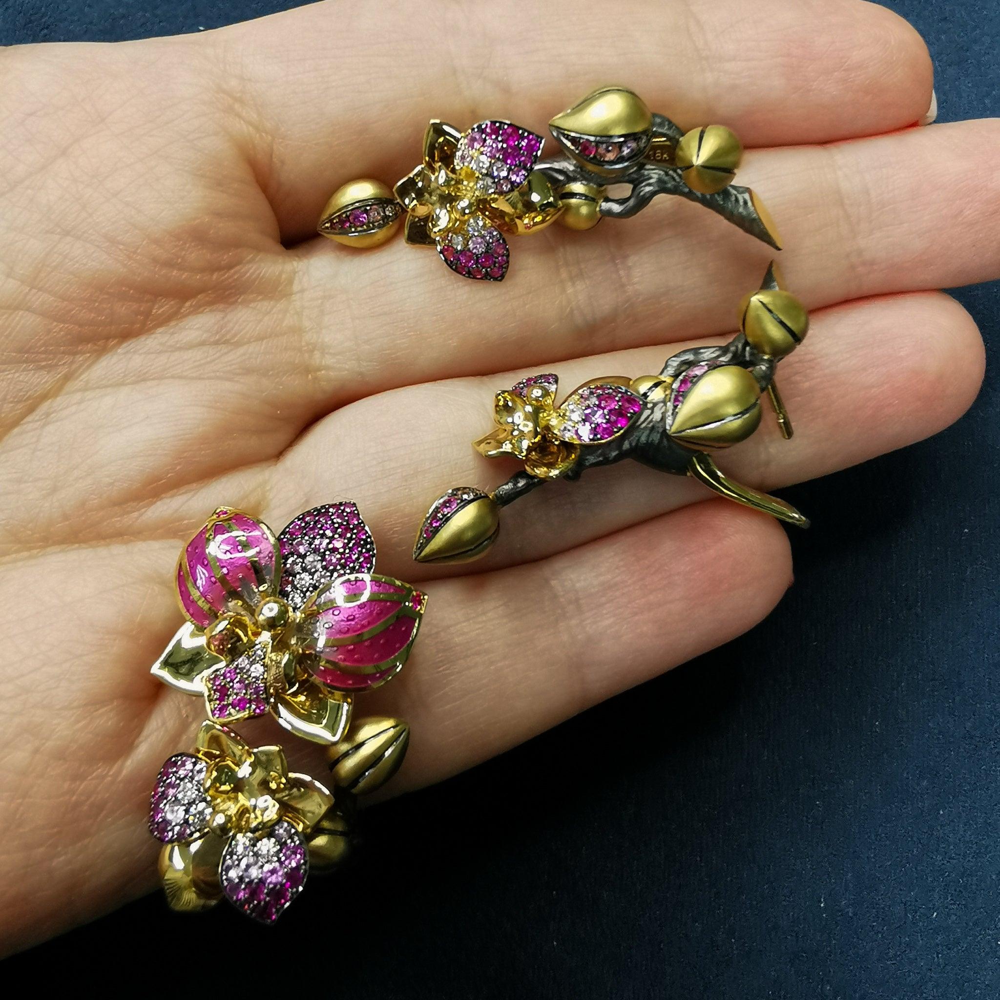 For Sale:  Pink Sapphires Diamonds 18 Karat Yellow Gold Enamel Orchid Suite 4