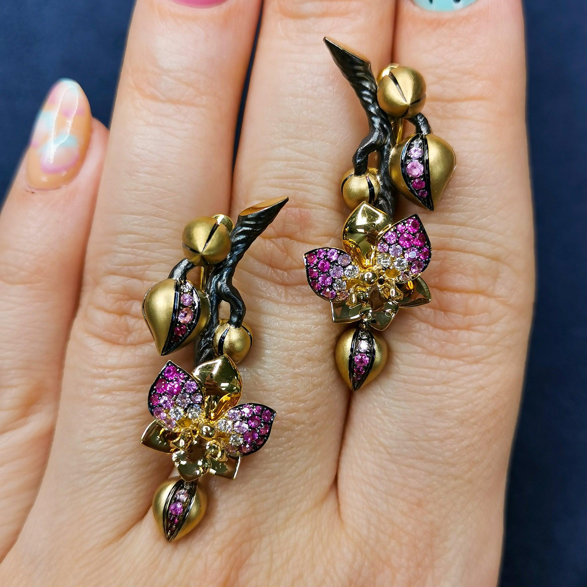 For Sale:  Pink Sapphires Diamonds 18 Karat Yellow Gold Enamel Orchid Suite 8