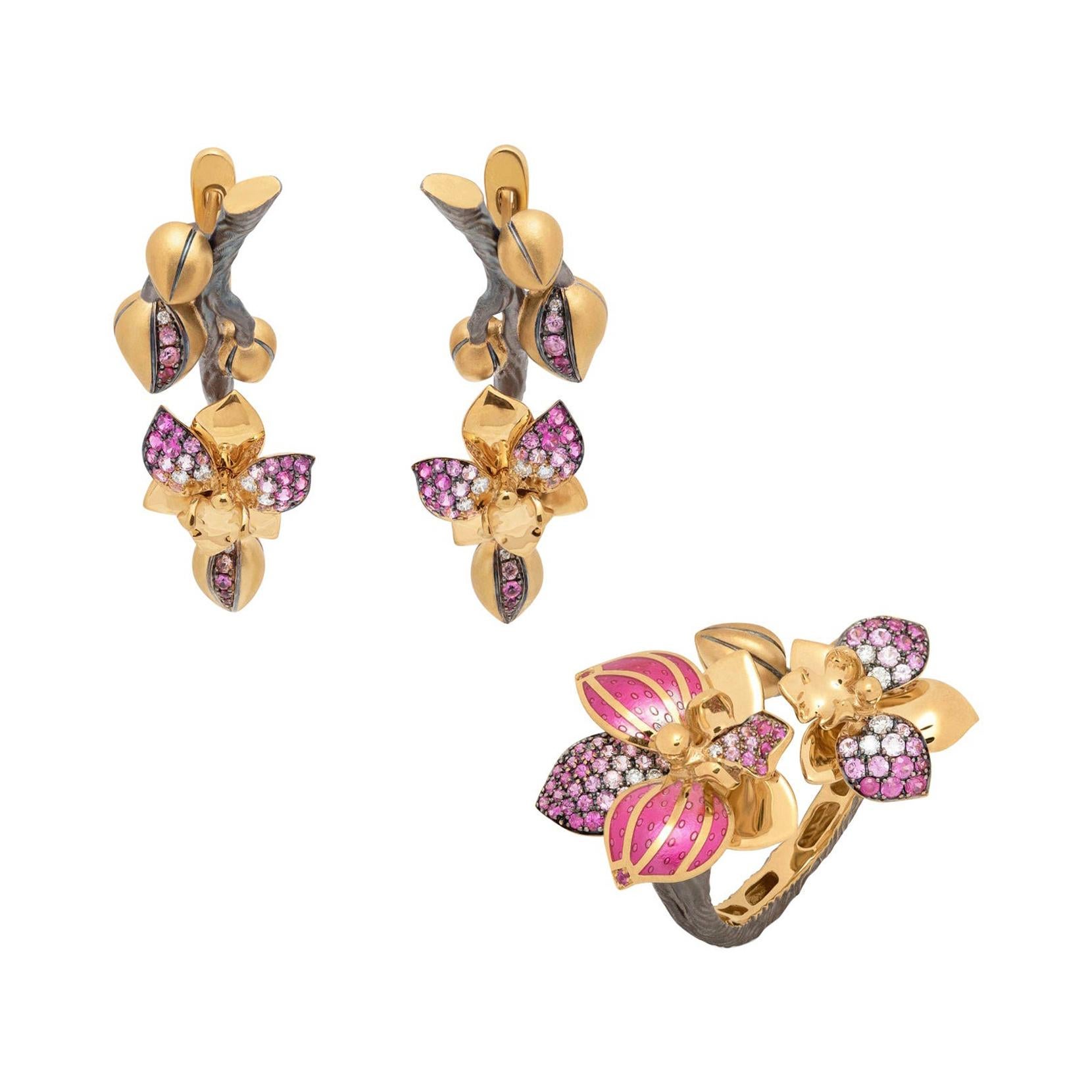 For Sale:  Pink Sapphires Diamonds 18 Karat Yellow Gold Enamel Orchid Suite