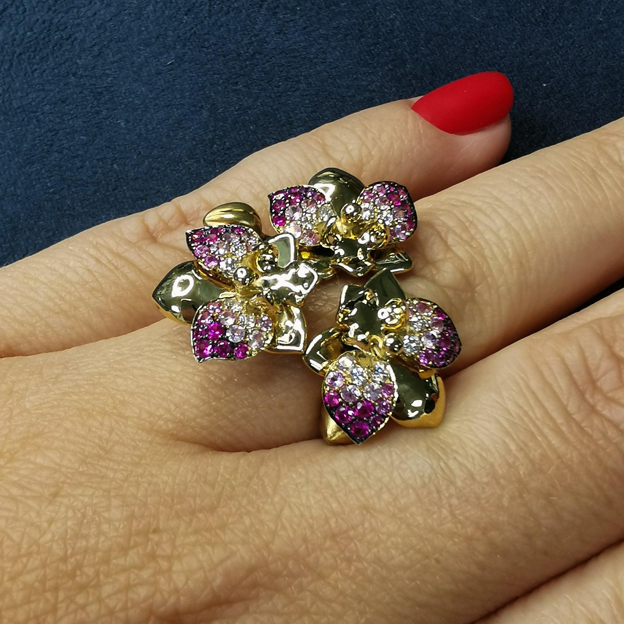 For Sale:  Pink Sapphires Diamonds 18 Karat Yellow Gold Orchid Ring 10