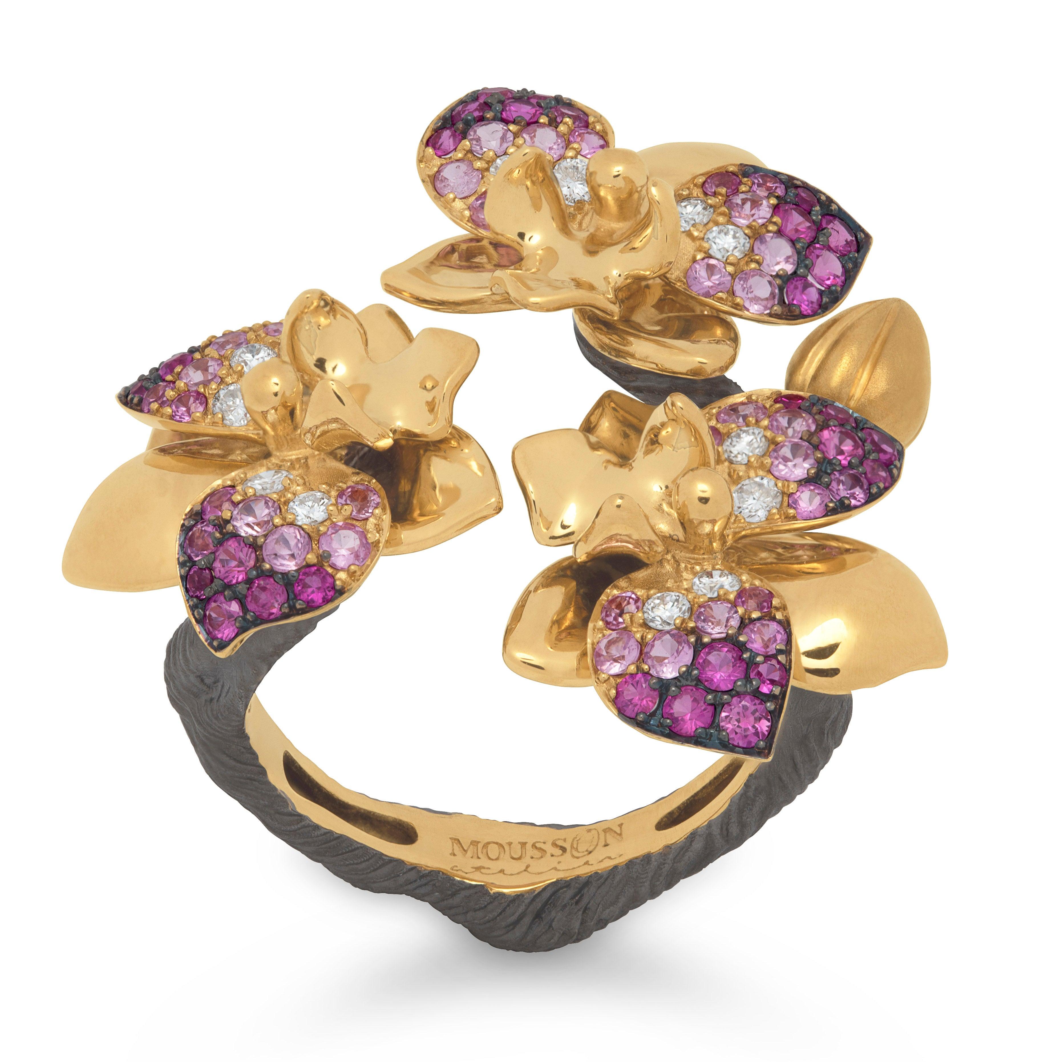 For Sale:  Pink Sapphires Diamonds 18 Karat Yellow Gold Orchid Ring 2