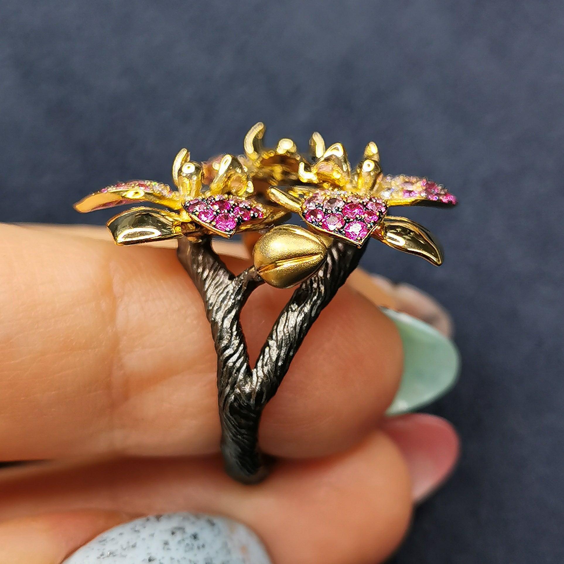 For Sale:  Pink Sapphires Diamonds 18 Karat Yellow Gold Orchid Ring 4
