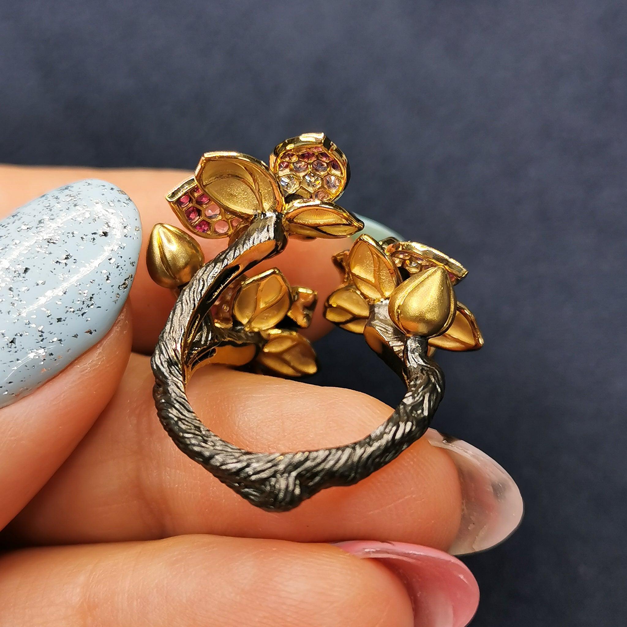 For Sale:  Pink Sapphires Diamonds 18 Karat Yellow Gold Orchid Ring 5