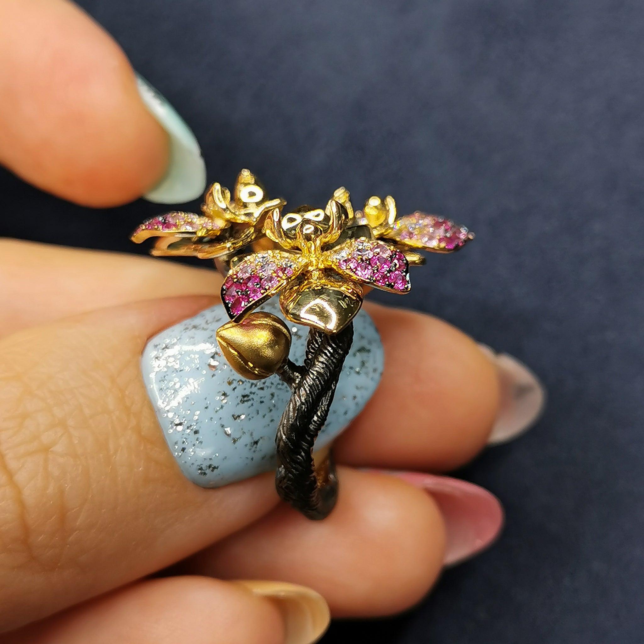 For Sale:  Pink Sapphires Diamonds 18 Karat Yellow Gold Orchid Ring 6