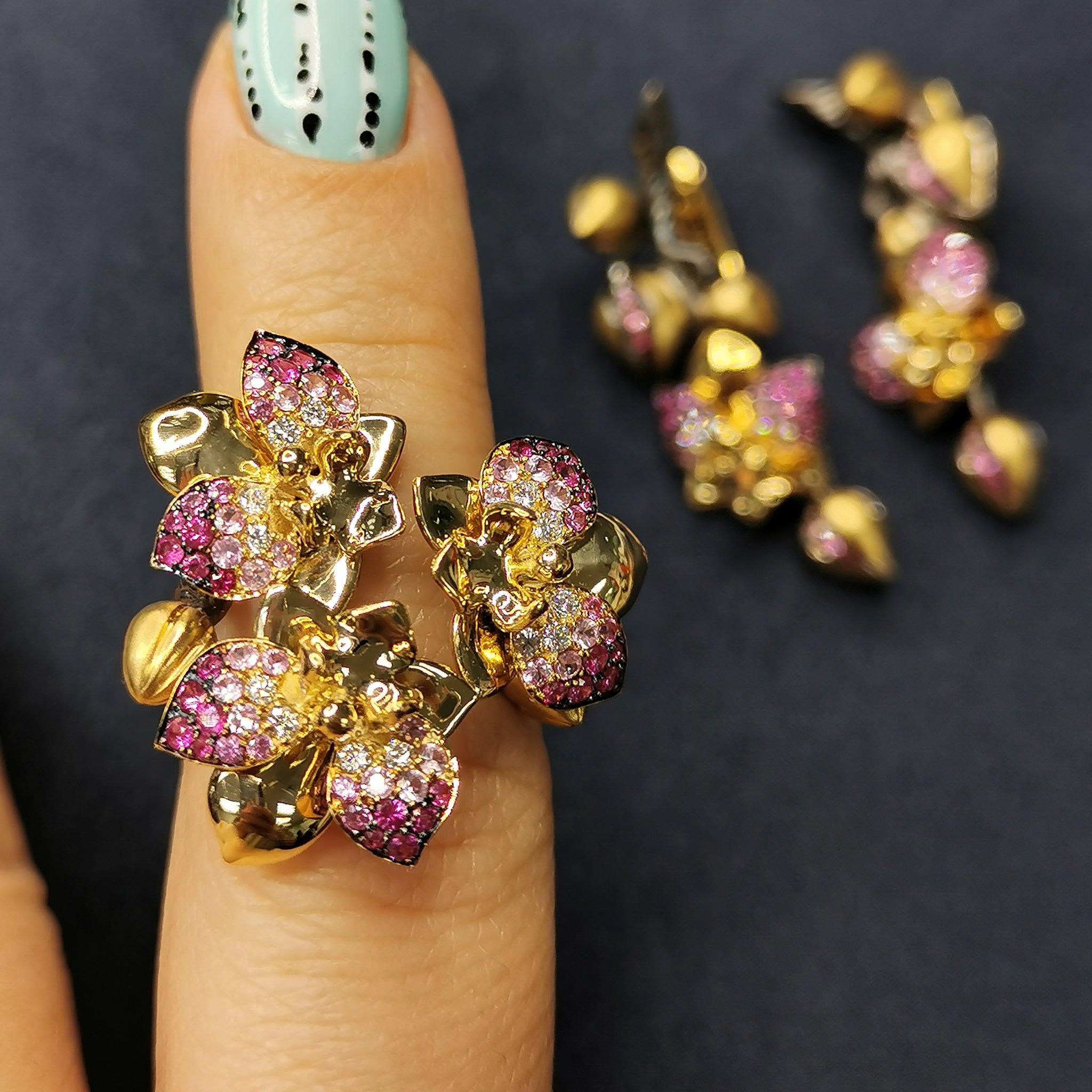 For Sale:  Pink Sapphires Diamonds 18 Karat Yellow Gold Orchid Ring 7