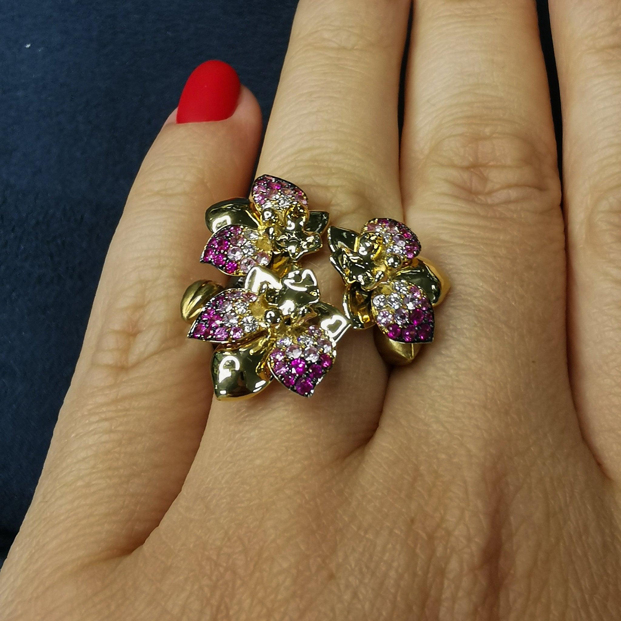 For Sale:  Pink Sapphires Diamonds 18 Karat Yellow Gold Orchid Ring 8