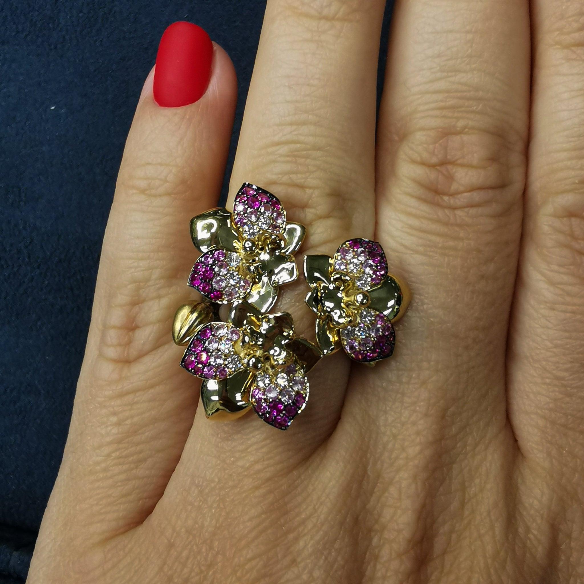 For Sale:  Pink Sapphires Diamonds 18 Karat Yellow Gold Orchid Ring 9