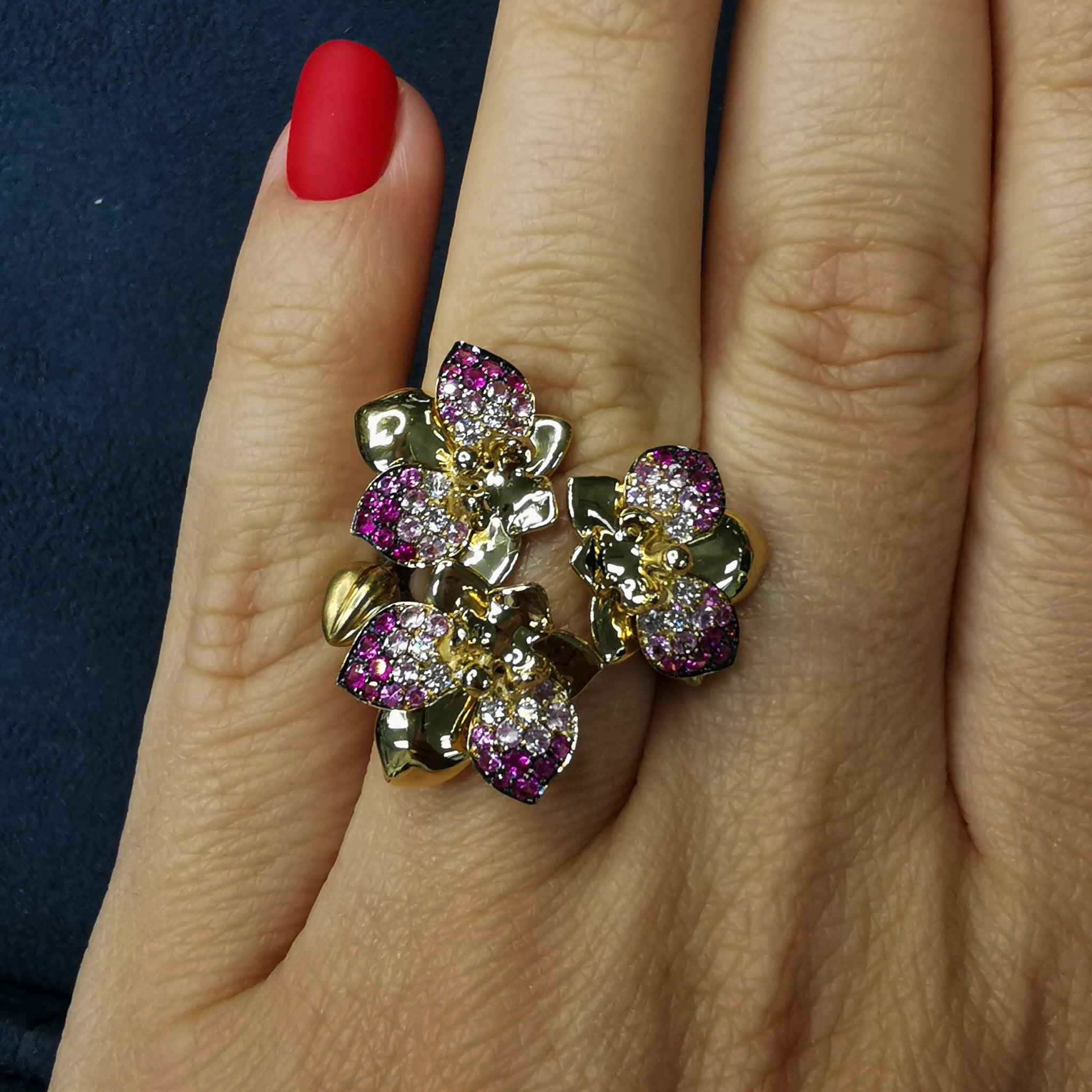 Zafiros Rosas Diamantes Anillo Orquídea Oro Amarillo 18 Kilates  9