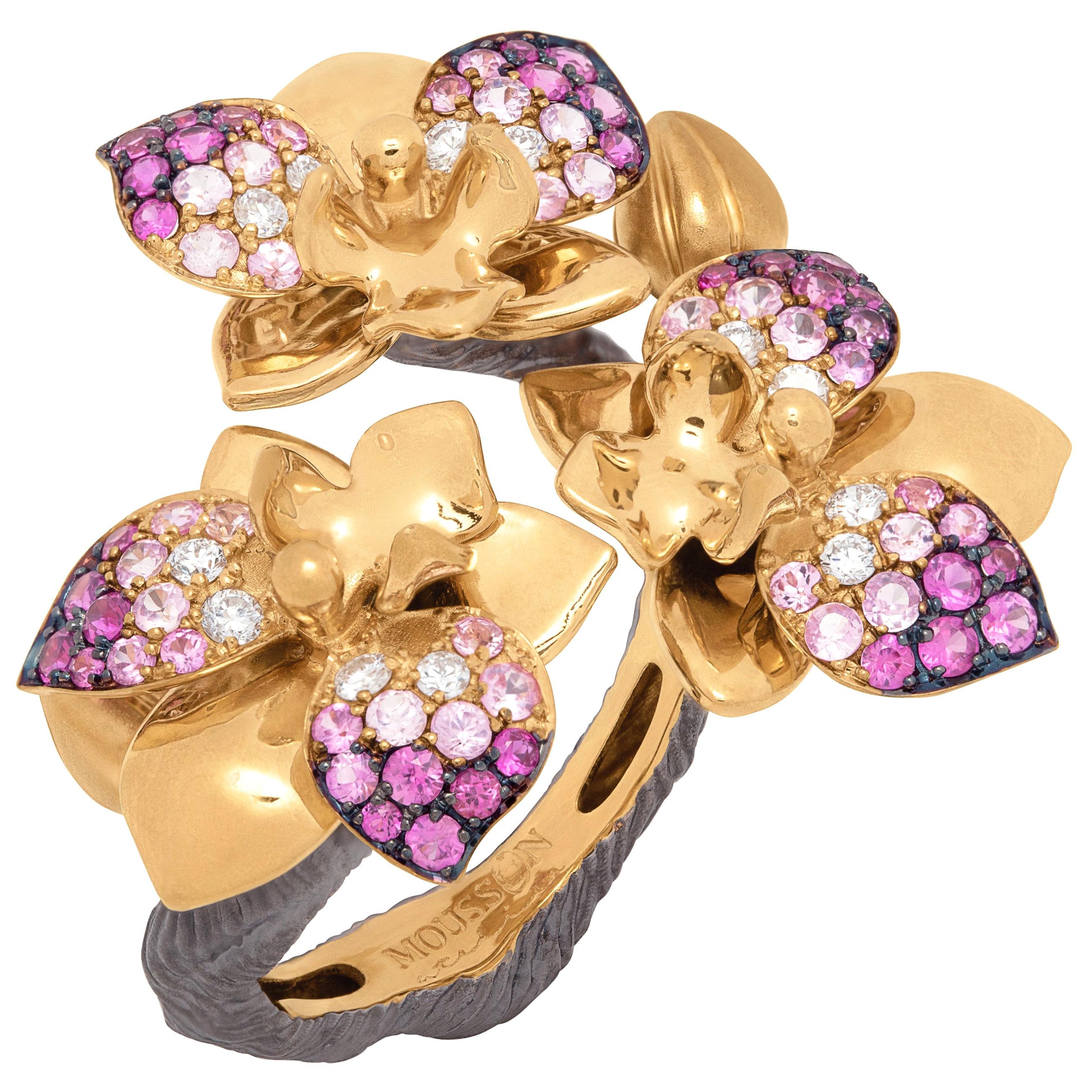For Sale:  Pink Sapphires Diamonds 18 Karat Yellow Gold Orchid Ring