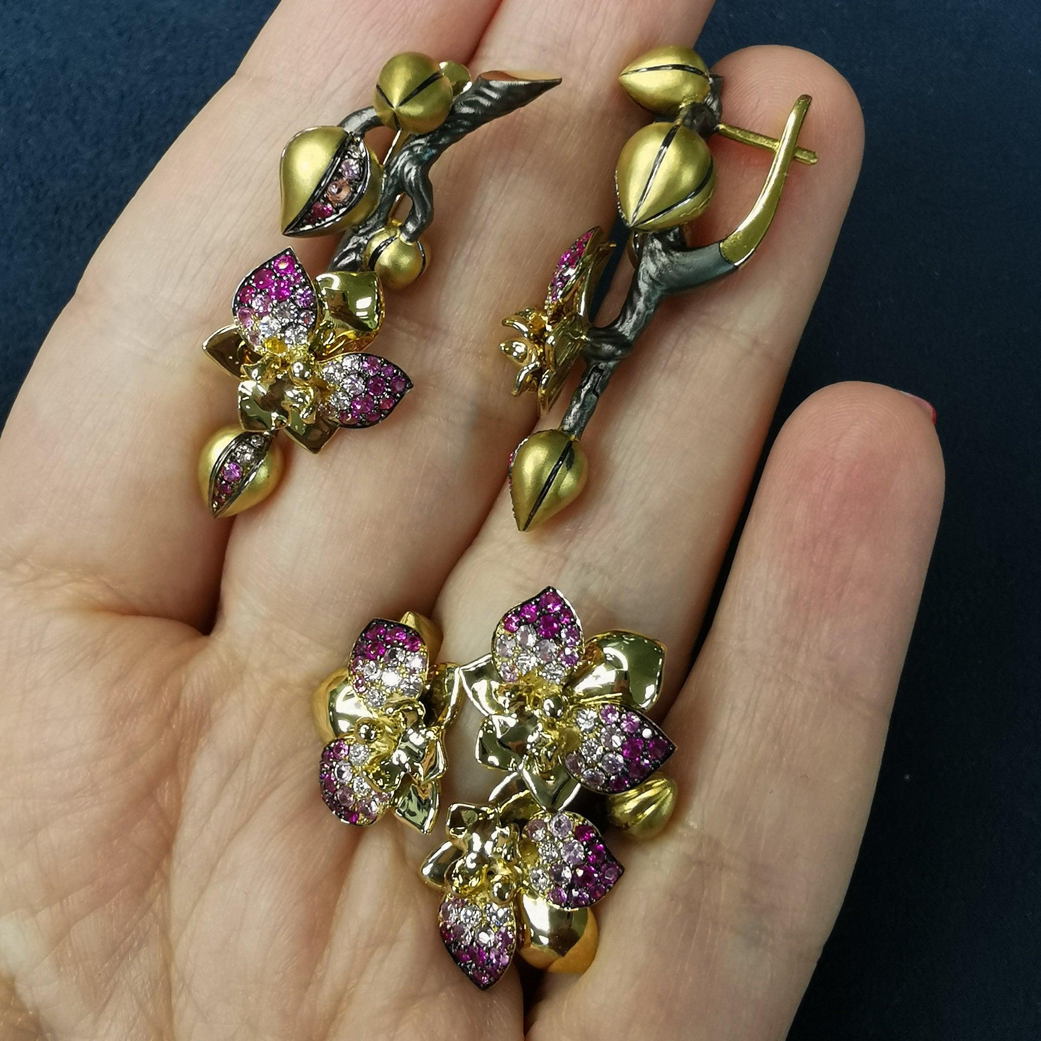 For Sale:  Pink Sapphires Diamonds 18 Karat Yellow Gold Orchid Suite 3