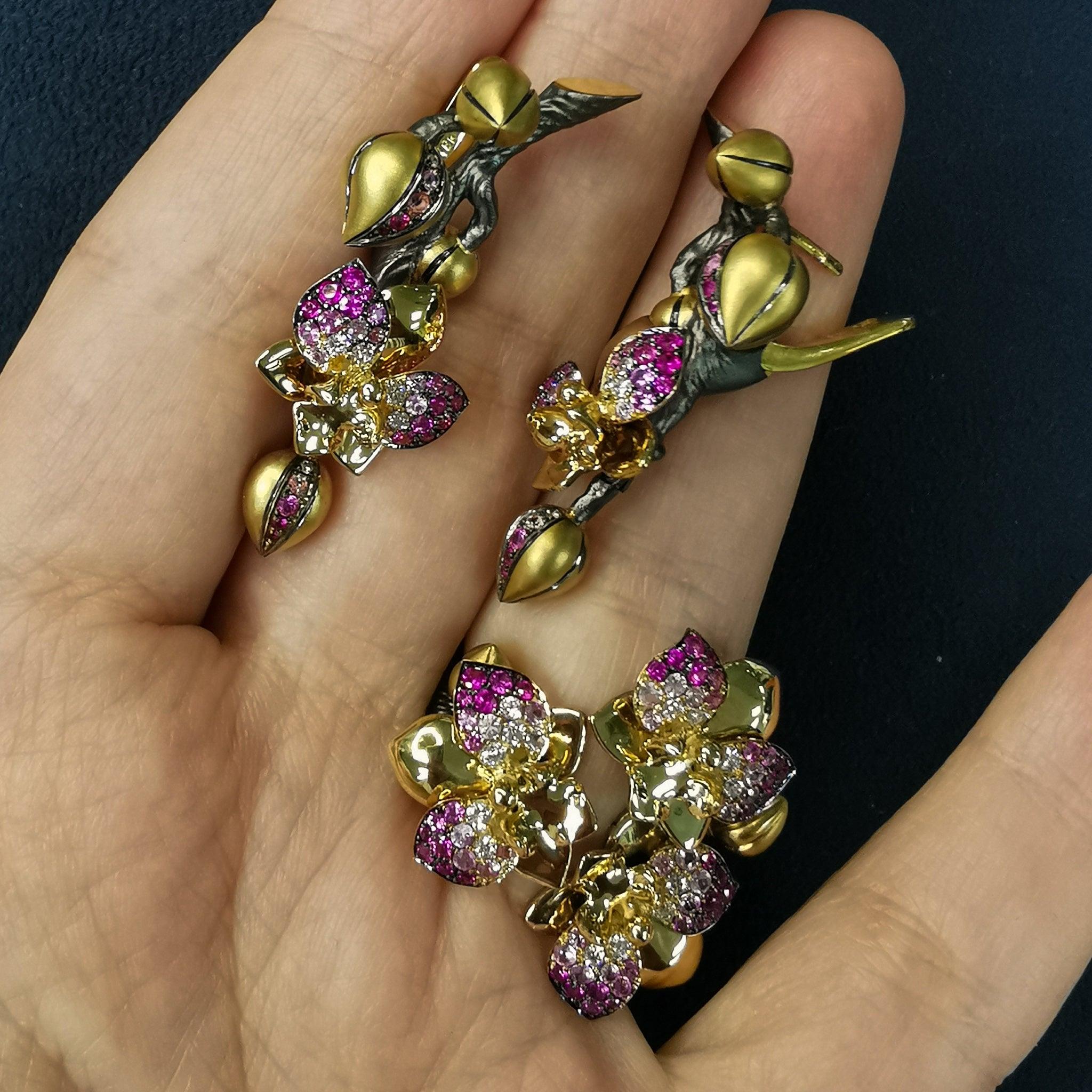 For Sale:  Pink Sapphires Diamonds 18 Karat Yellow Gold Orchid Suite 4