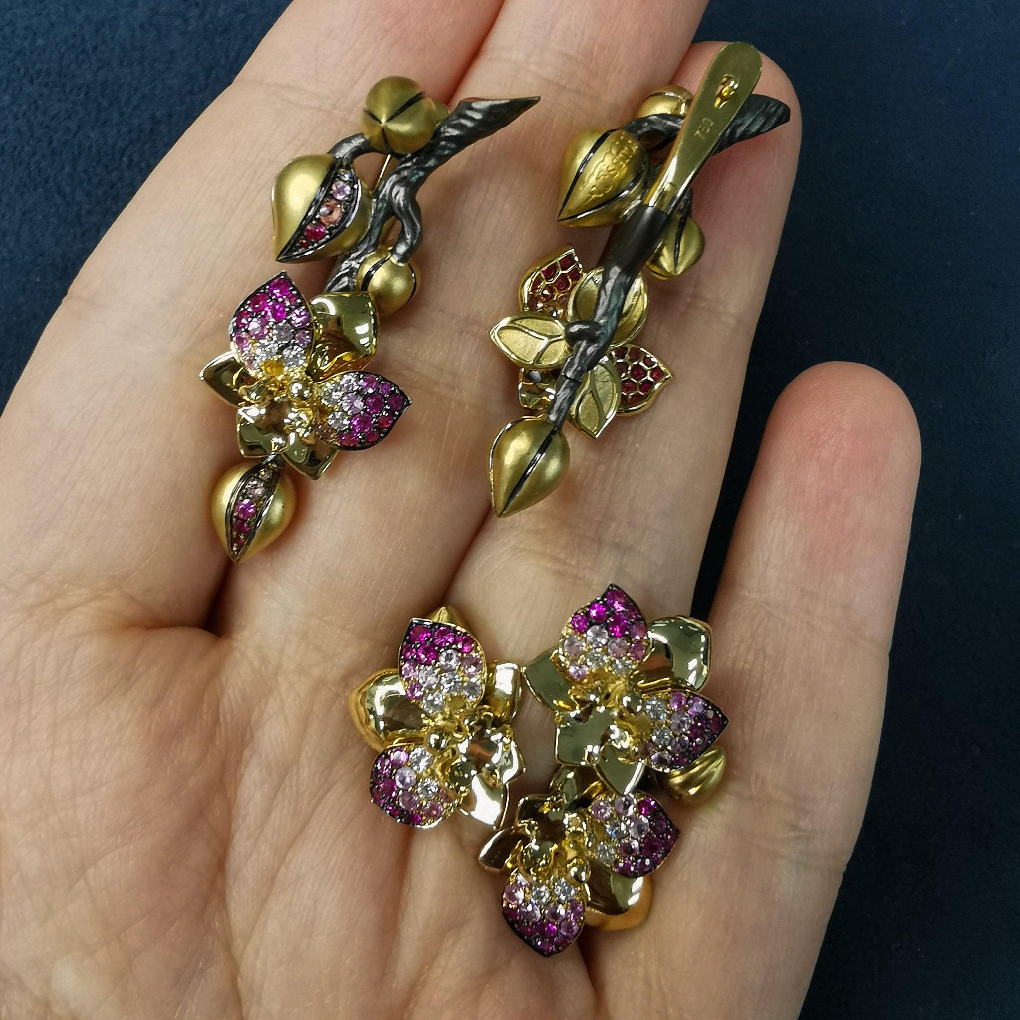 For Sale:  Pink Sapphires Diamonds 18 Karat Yellow Gold Orchid Suite 5