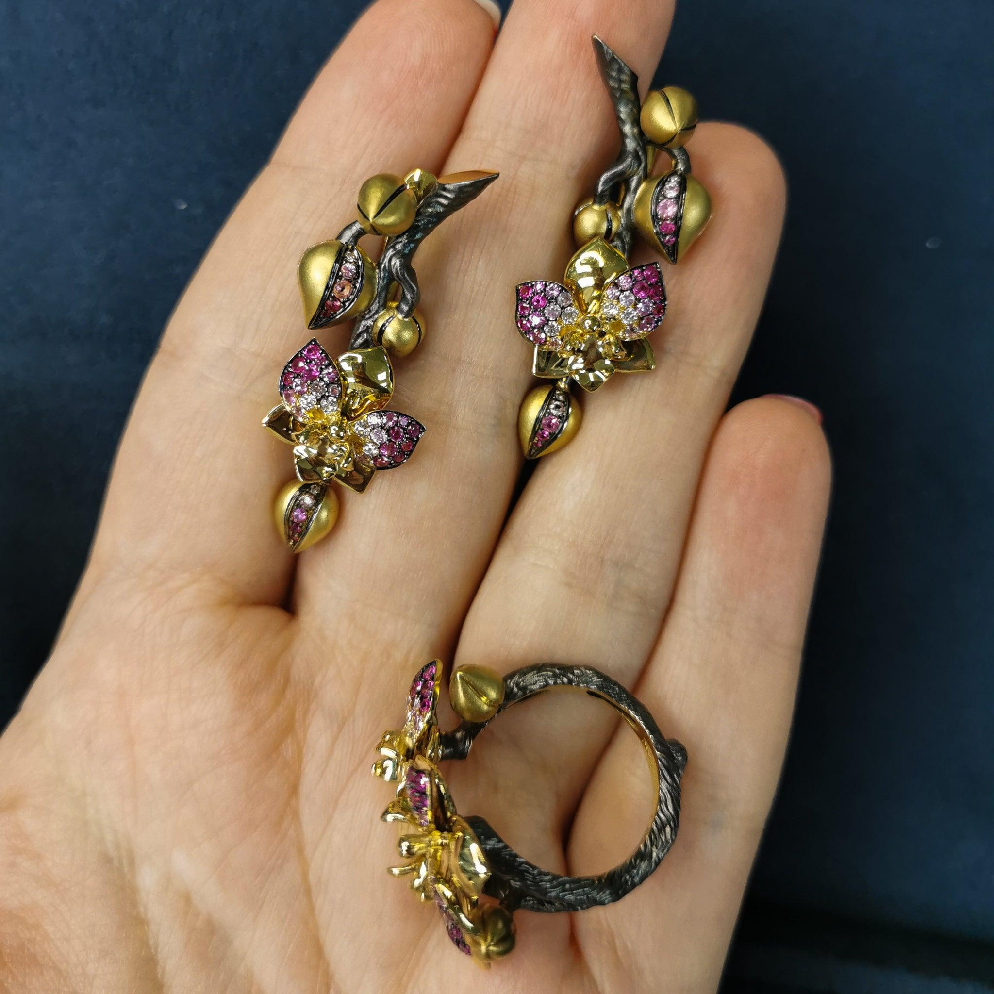 For Sale:  Pink Sapphires Diamonds 18 Karat Yellow Gold Orchid Suite 6