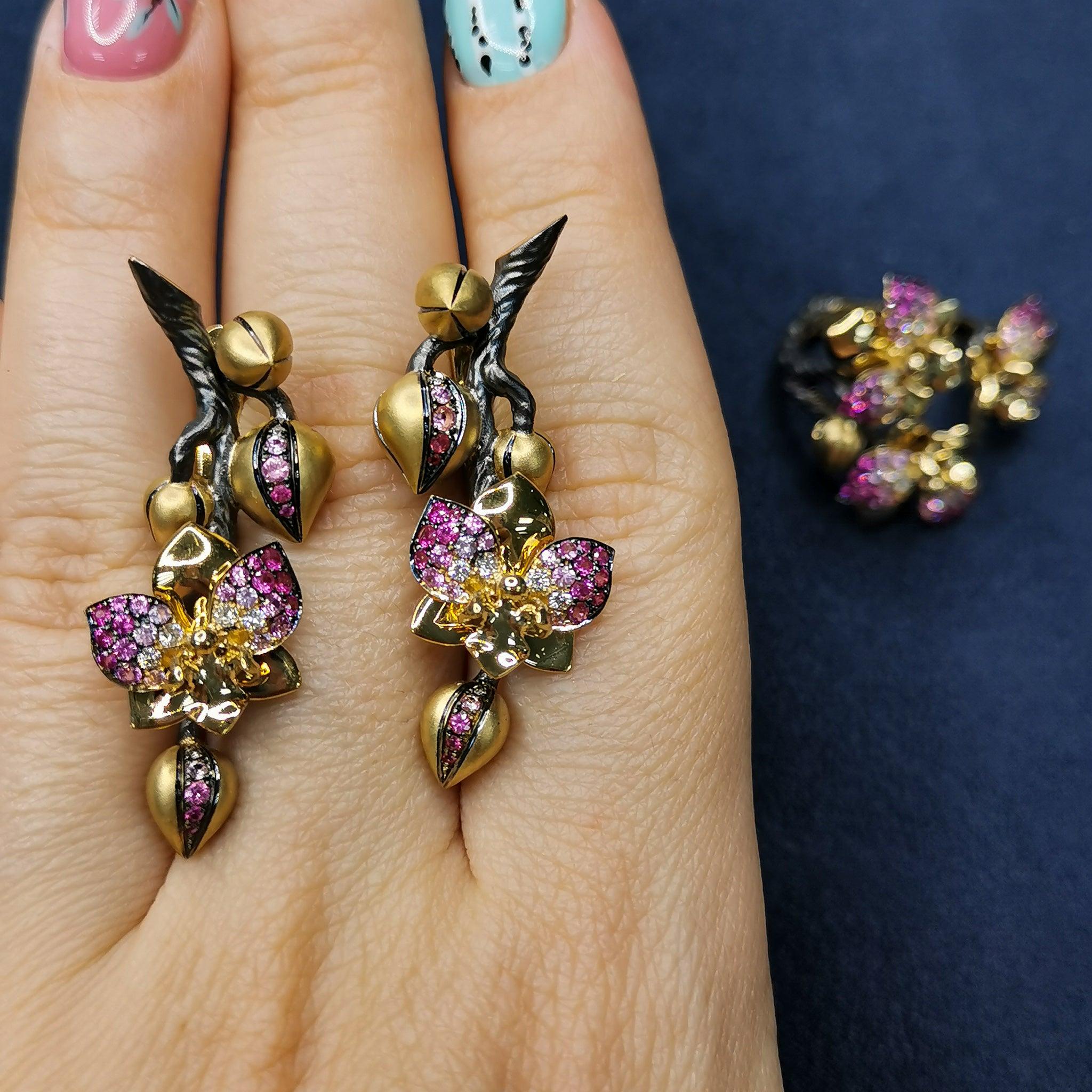 For Sale:  Pink Sapphires Diamonds 18 Karat Yellow Gold Orchid Suite 8