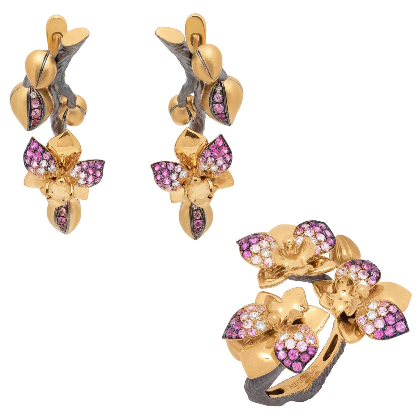 For Sale:  Pink Sapphires Diamonds 18 Karat Yellow Gold Orchid Suite