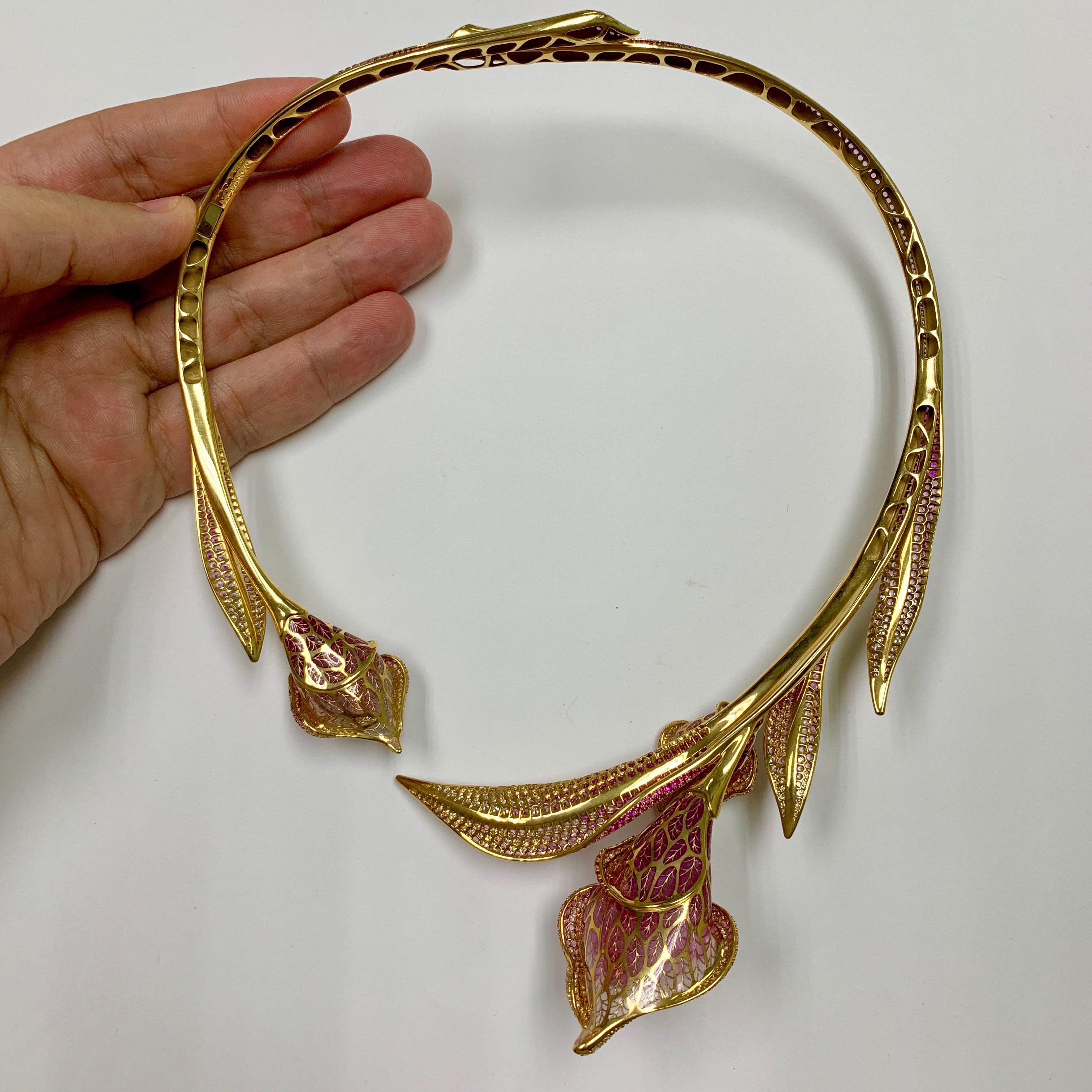 Round Cut Pink Sapphires Diamonds Colored Enamel 18 Karat Yellow Gold Calla Lily Necklace For Sale