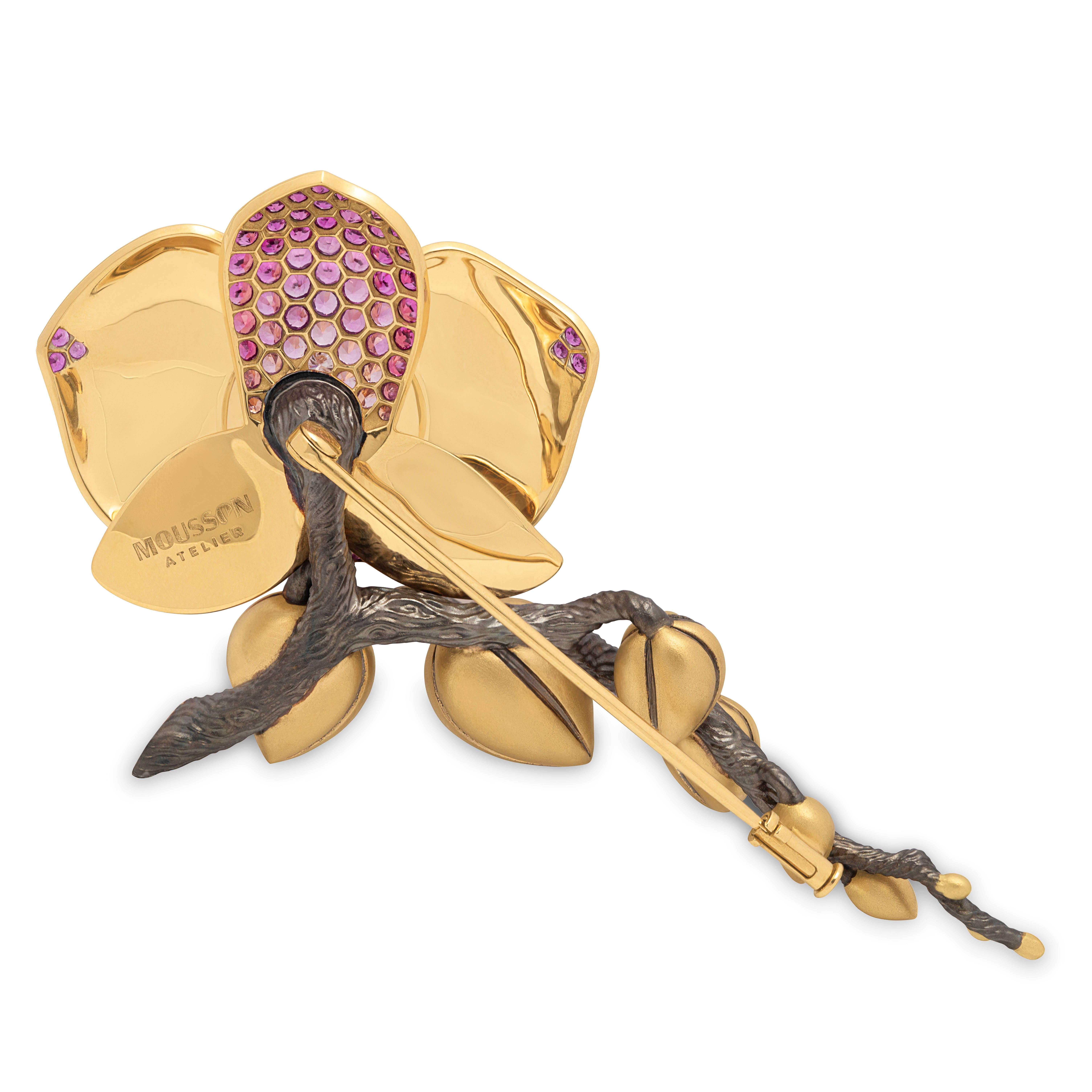 Pink Sapphires Diamonds Enamel 18 Karat Yellow Gold Big Orchid Brooch
Orchid symbolized at different times a lot of things. Greek women had a theory that they could manipulate the sex of their unborn baby with the roots of an orchid. The Aztecs were