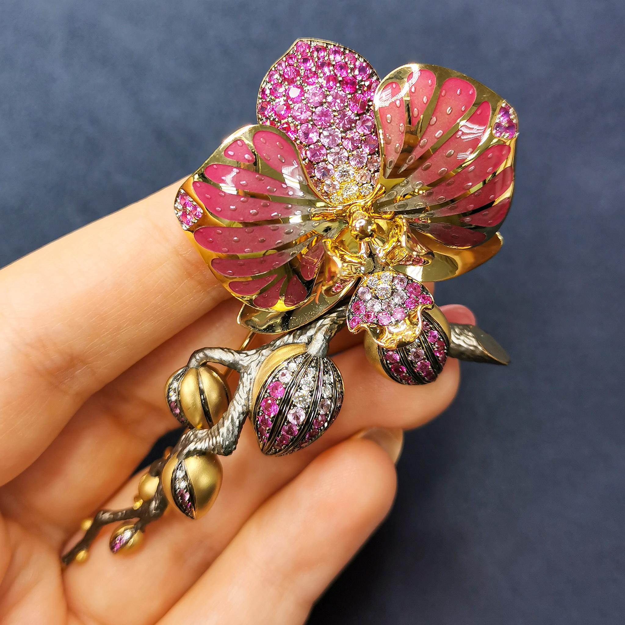 Contemporary Pink Sapphires Diamonds Enamel 18 Karat Yellow Gold Big Orchid Brooch For Sale