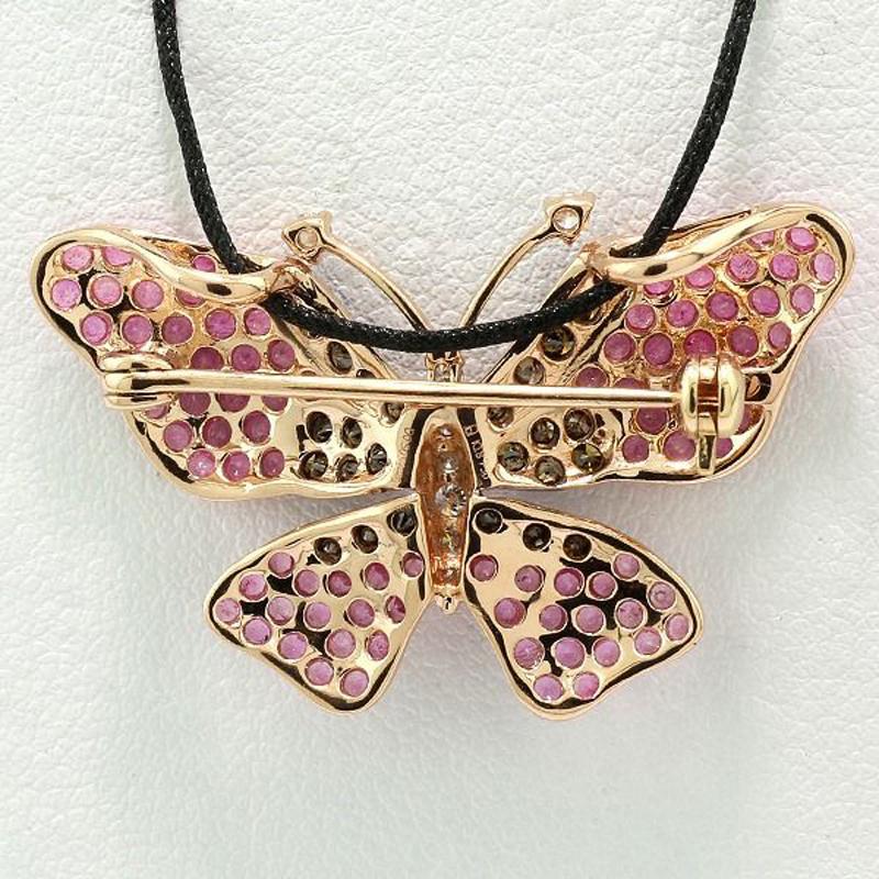 Pink Sapphires Diamonds White + Fancy Brown Pendant / Brooch Butterfly 18Kt Gold In New Condition For Sale In München, DE