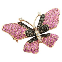 Pink Sapphires Diamonds White + Fancy Brown Pendant / Brooch Butterfly 18Kt Gold