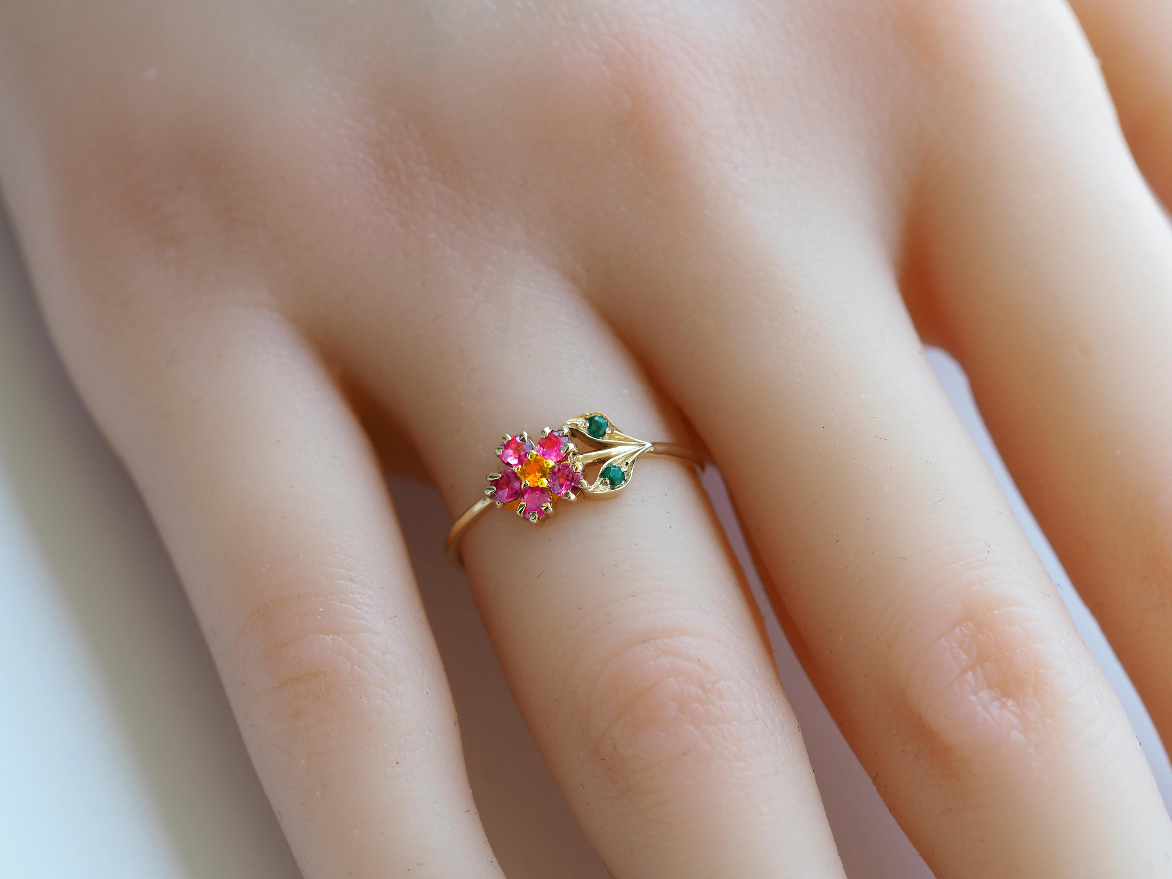 Pink sapphires flower ring in 14 karat gold.  4