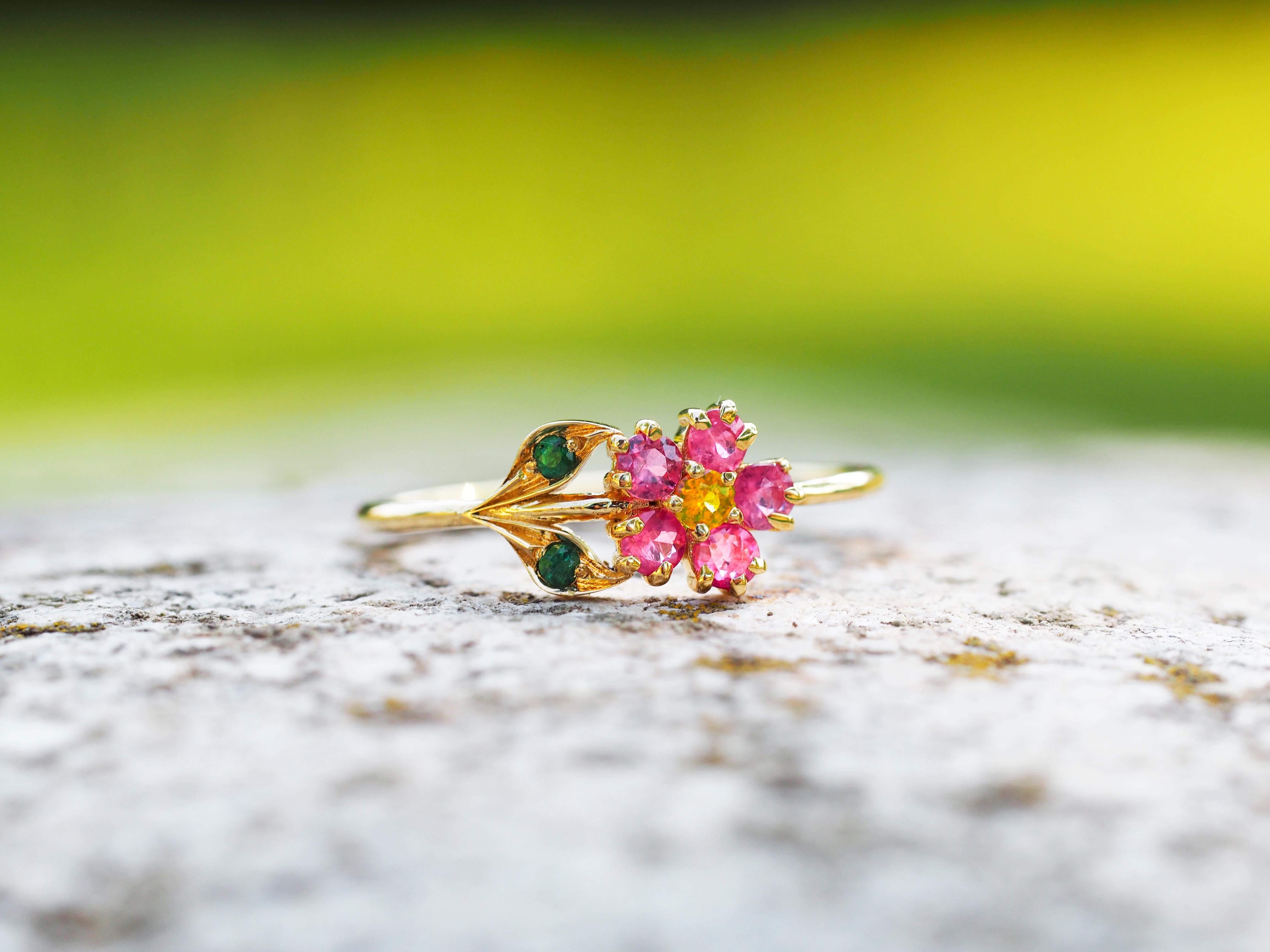 Pink sapphires flower ring in 14 karat gold.  5