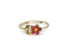 Flower Ring in 14 Karat Gold, Sapphire, Garnet and Chrome Diopsides Ring