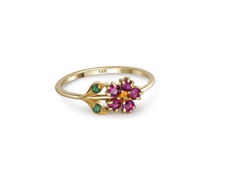 For Sale:  Pink Sapphires Flower Ring in 14 Karat Gold, Sapphires and Chrome Diopsides Ring 2