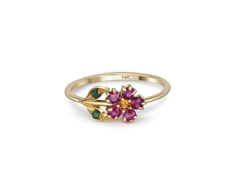 For Sale:  Pink Sapphires Flower Ring in 14 Karat Gold, Sapphires and Chrome Diopsides Ring 3