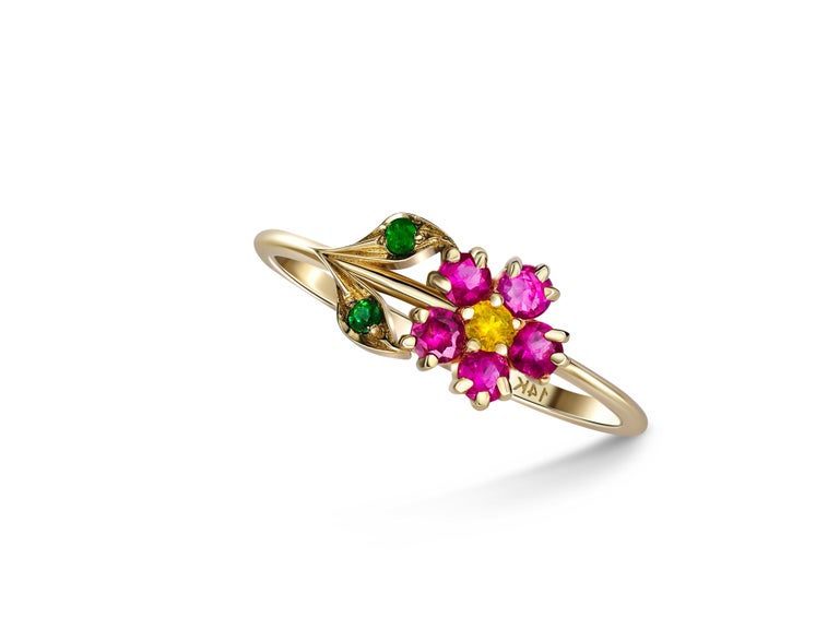 For Sale:  Pink Sapphires Flower Ring in 14 Karat Gold, Sapphires and Chrome Diopsides Ring 6