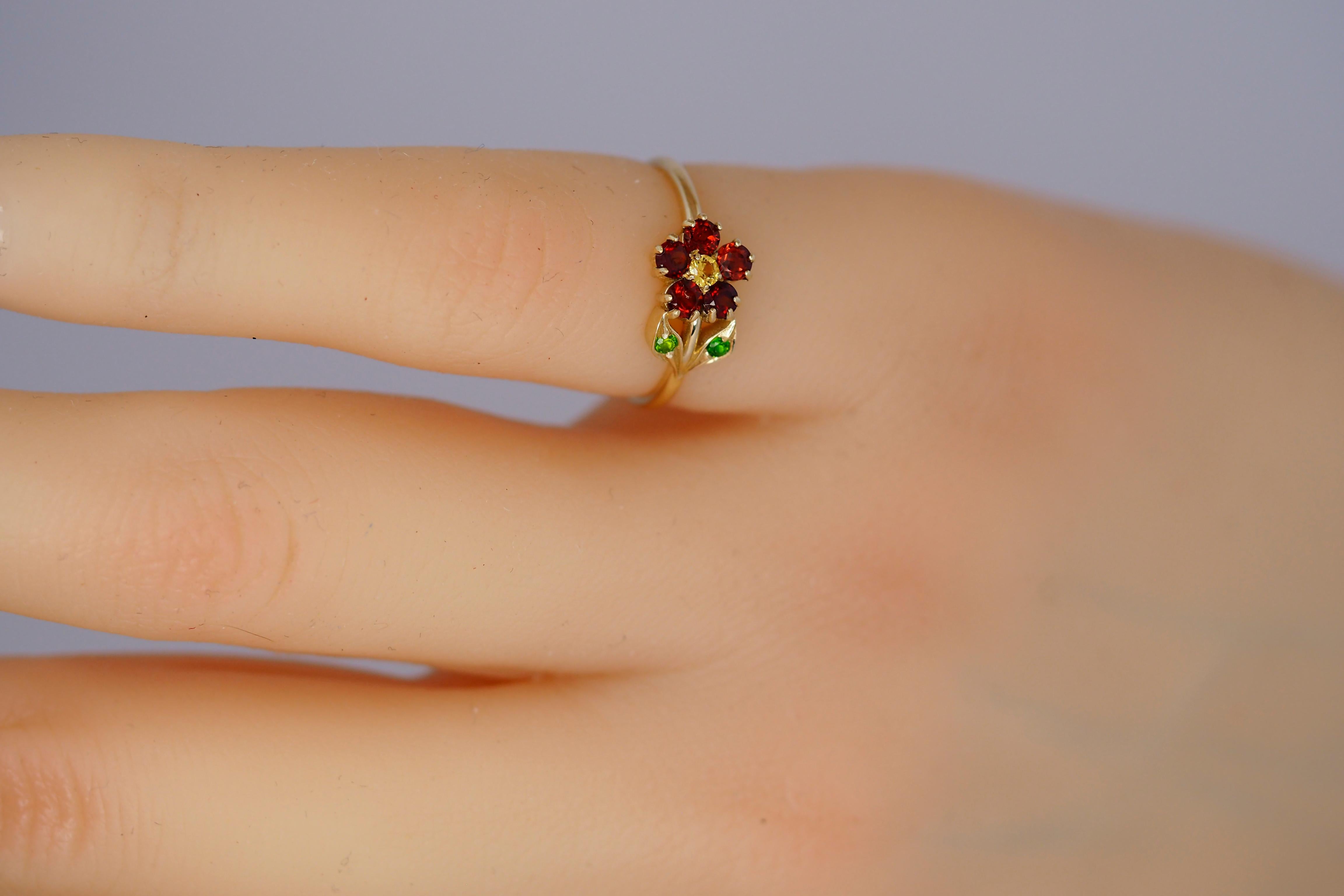 For Sale:  Flower Ring in 14 Karat Gold, Sapphire, Garnet and Chrome Diopsides Ring 8