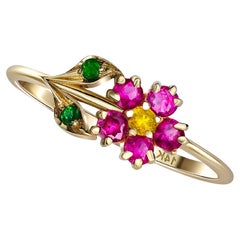 Pink Sapphires Flower Ring in 14 Karat Gold, Sapphires and Chrome Diopsides Ring