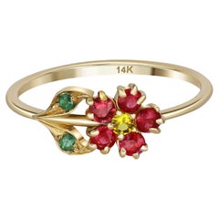 Flower Ring in 14 Karat Gold, Sapphire, Garnet and Chrome Diopsides Ring
