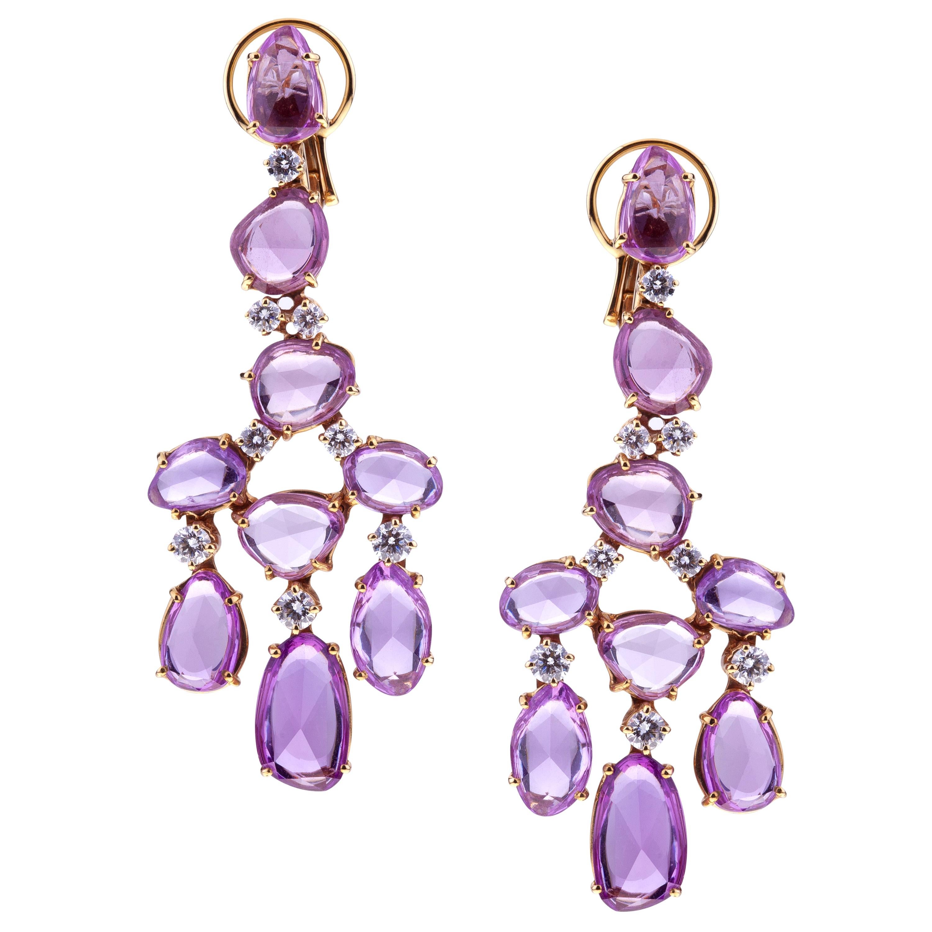 Pink Sapphires Mixed Cut and Diamonds Chandelier Earrings Set with Rose Gold