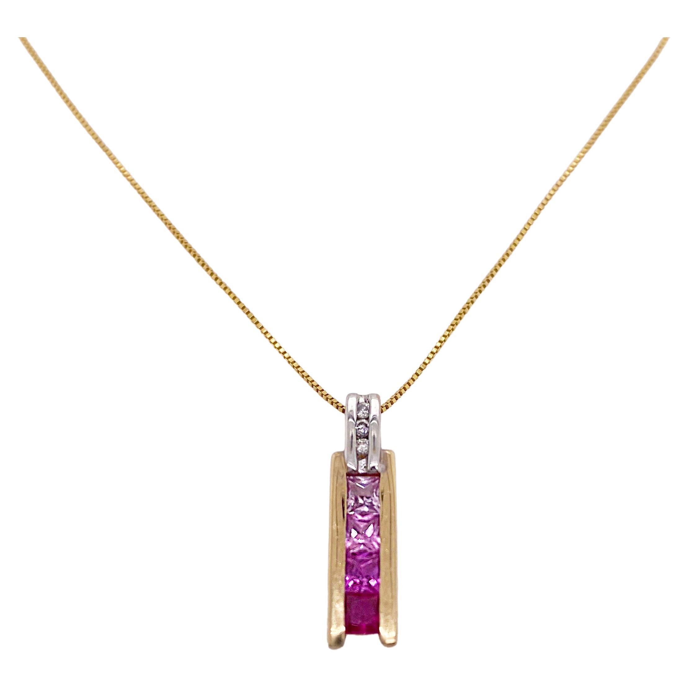 Pink Sapphires Necklace Vertical Bar 1.03 Cararts w 18 Inch Box Chain 14k Yellow For Sale