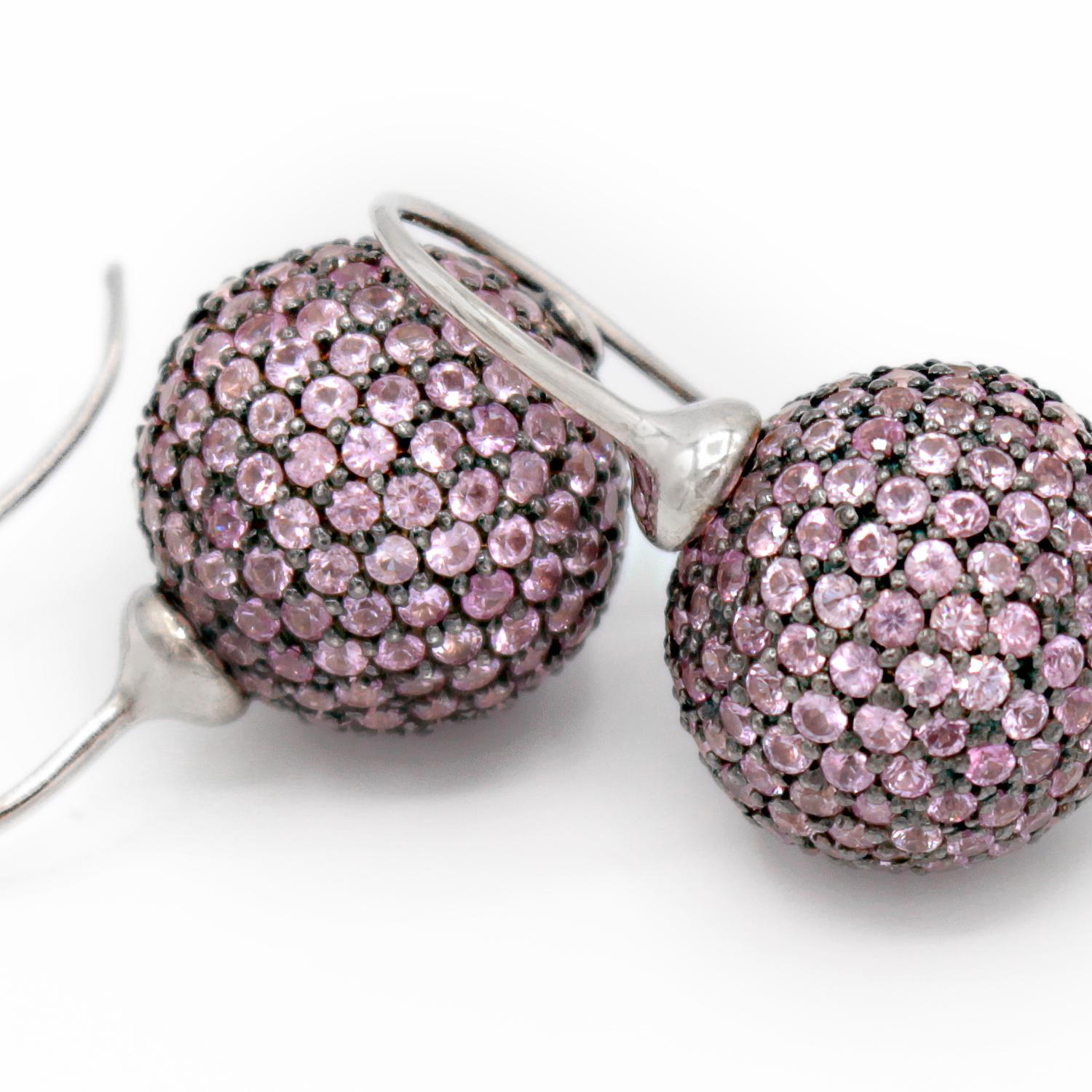 Artisan Pink Sapphires pave 18 Karat White Gold Earrings