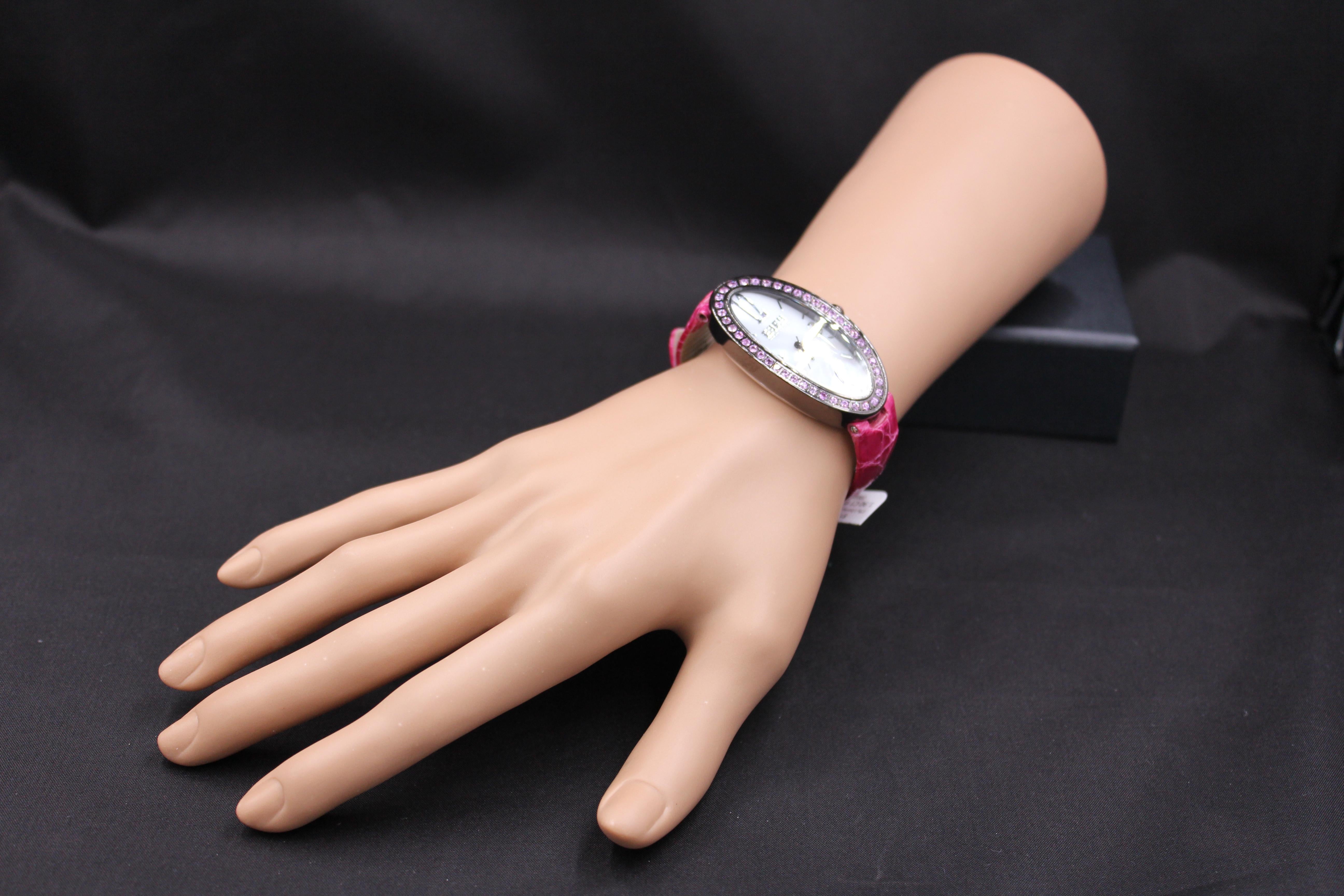 Mixed Cut Pink Sapphires Pave Dial Luxury Swiss Quartz Exotic Leather Band Watch For Sale