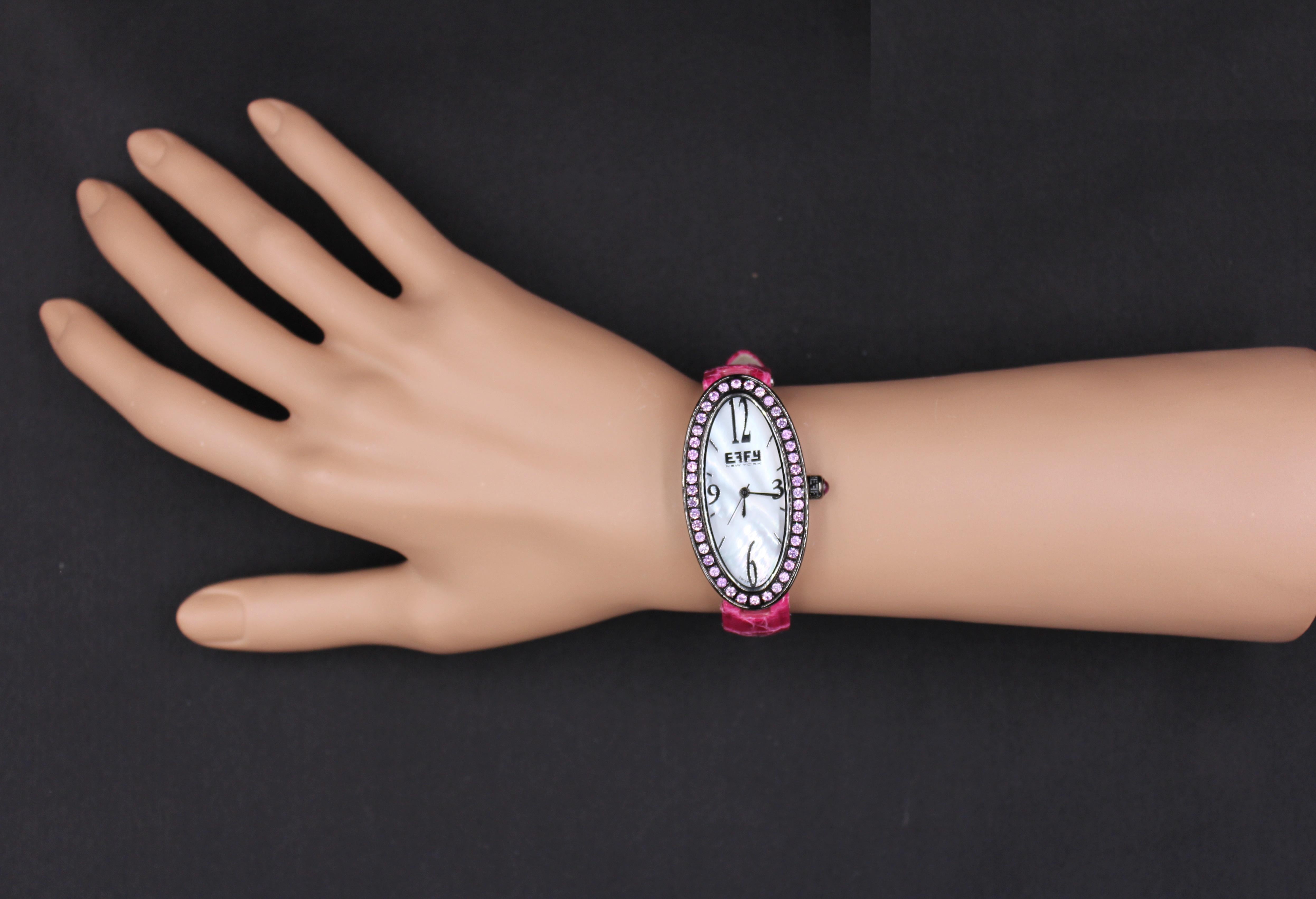 Rosa Saphire Pave Zifferblatt Luxus Schweizer Quarz Exotische Lederband Uhr im Angebot 1