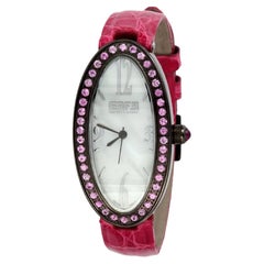 Pink Sapphires Pave Dial Luxury Swiss Quartz Exotic Leather Band Watch