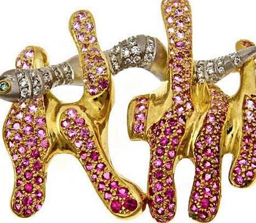 Contemporary Pink Sapphires Platinum 18k Eel Brooch by John Landrum Bryant For Sale