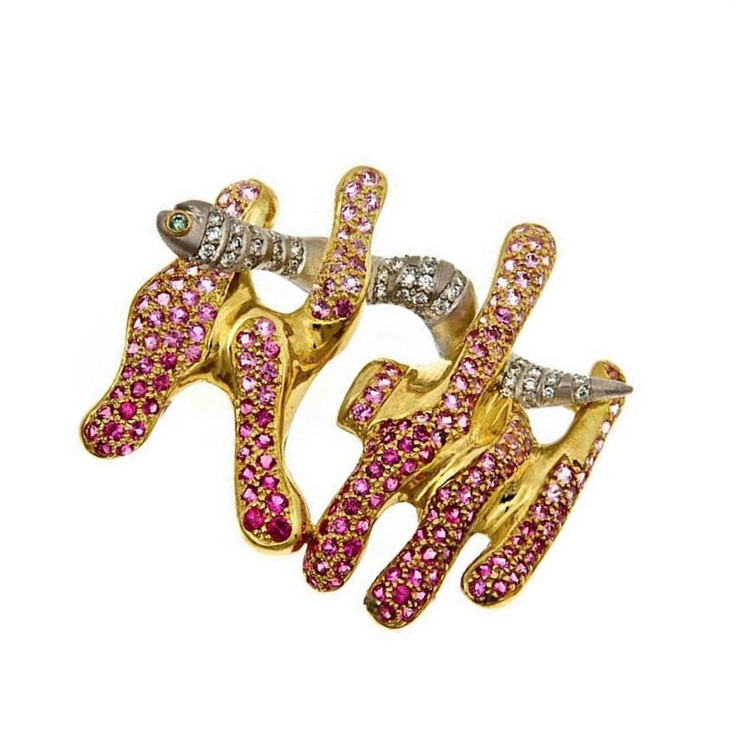 Pink Sapphires Platinum 18k Eel Brooch by John Landrum Bryant In New Condition For Sale In New York, NY