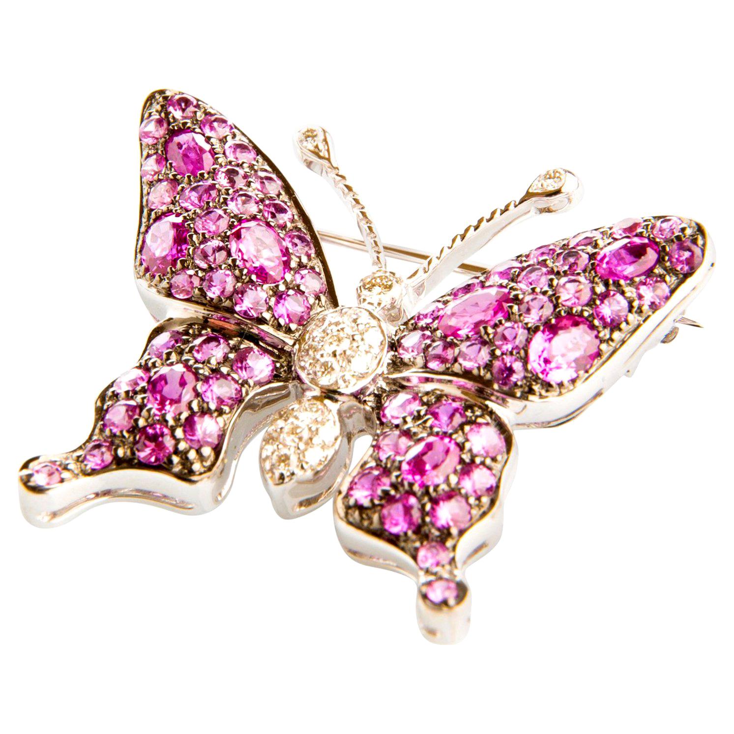 Pink Sapphires, Rubellites and Diamonds in White Gold 18 Karat Butterfly Brooch For Sale