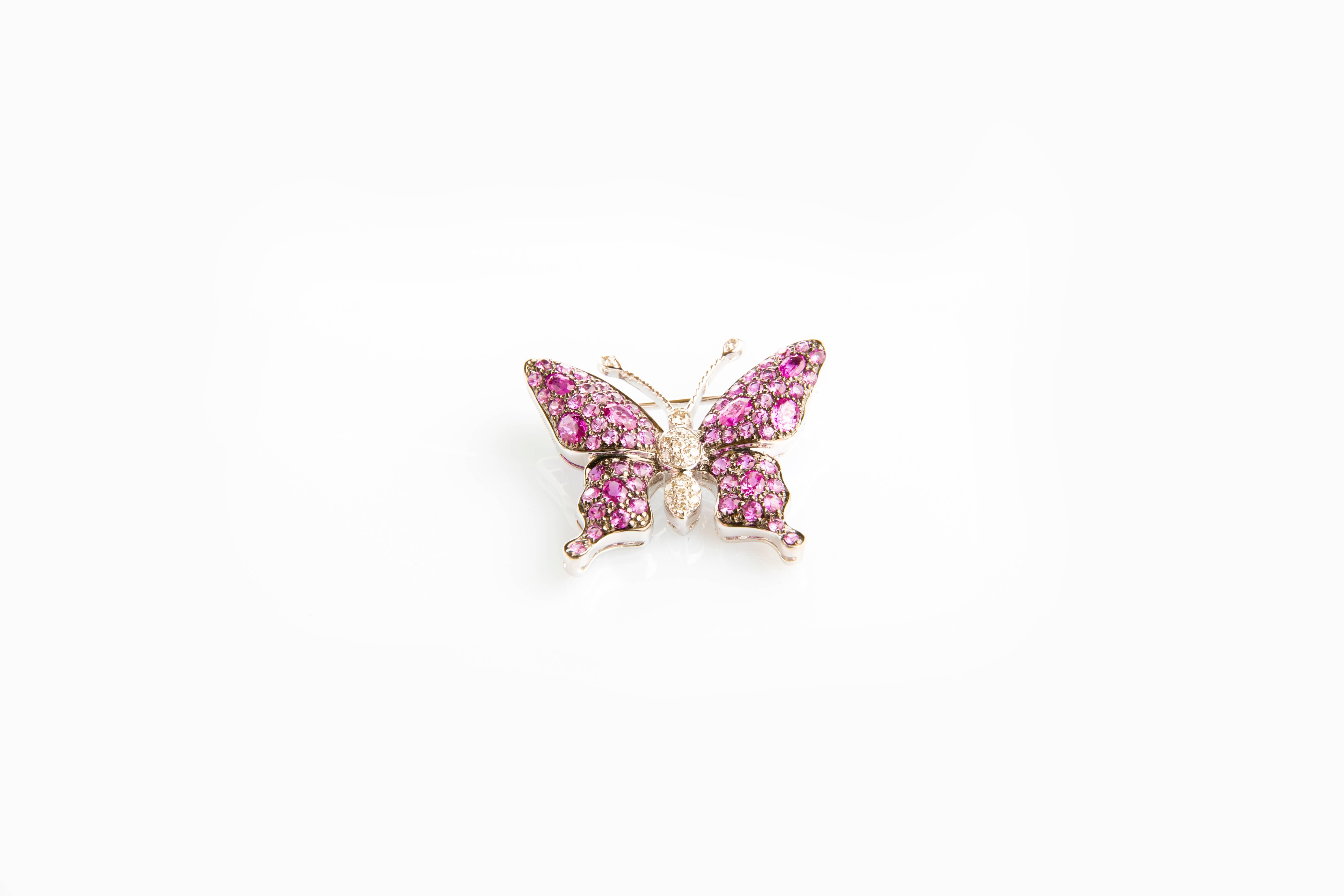 Contemporary Pink Sapphires, Rubellites and Diamonds in White Gold 18 Karat Butterfly Brooch For Sale