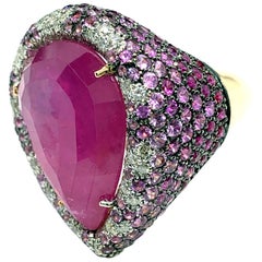 Pink Sapphires White Diamonds Rose Gold Pavé Cocktail Ring with Pear Doublette