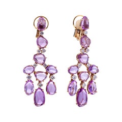Pink Sapphires Mixed Cut and Diamonds Chandelier Earrings Set with Rose Gold